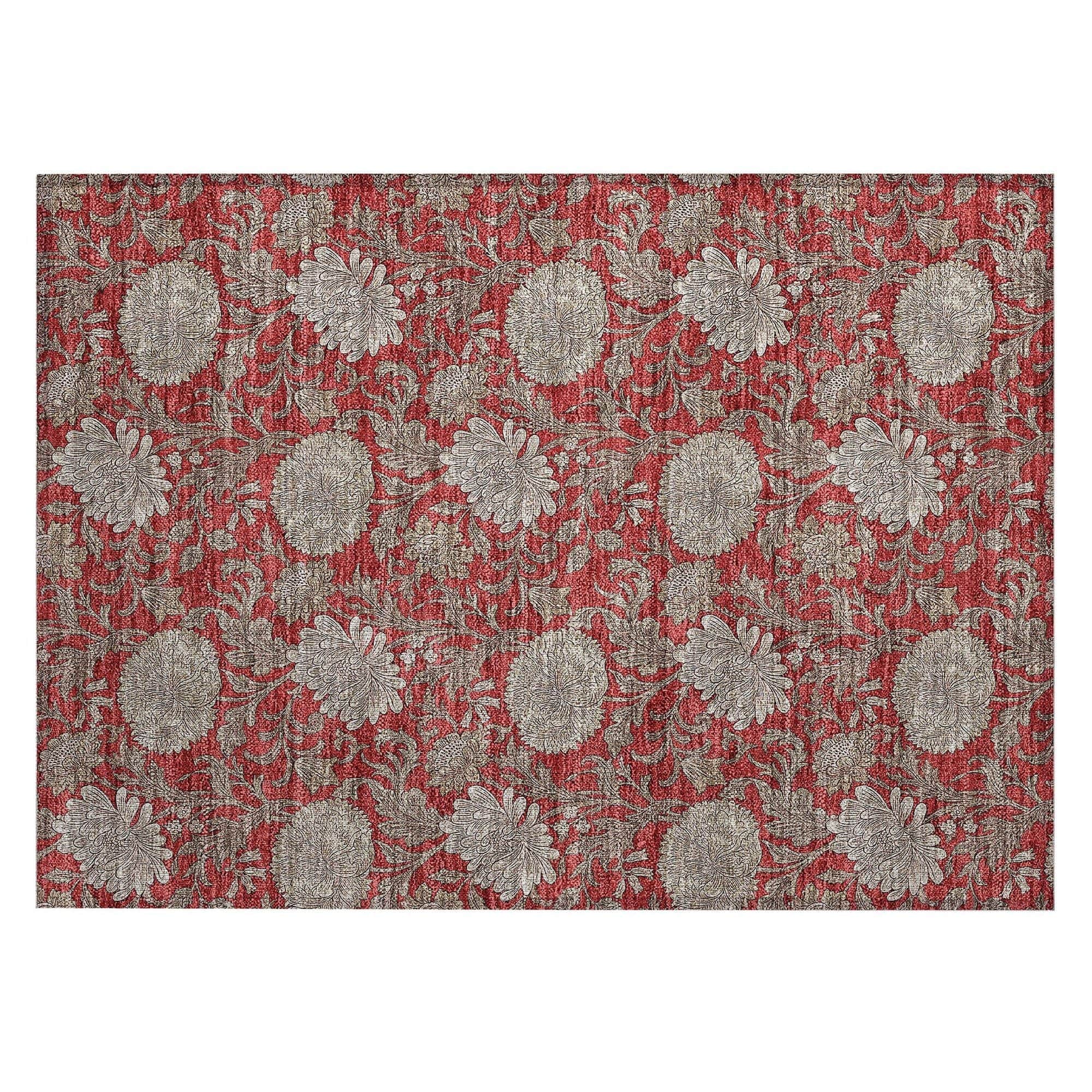 Machine Washable Red Rug - Indoor / Outdoor - Kids / Pet Friendly Floral Print Rug