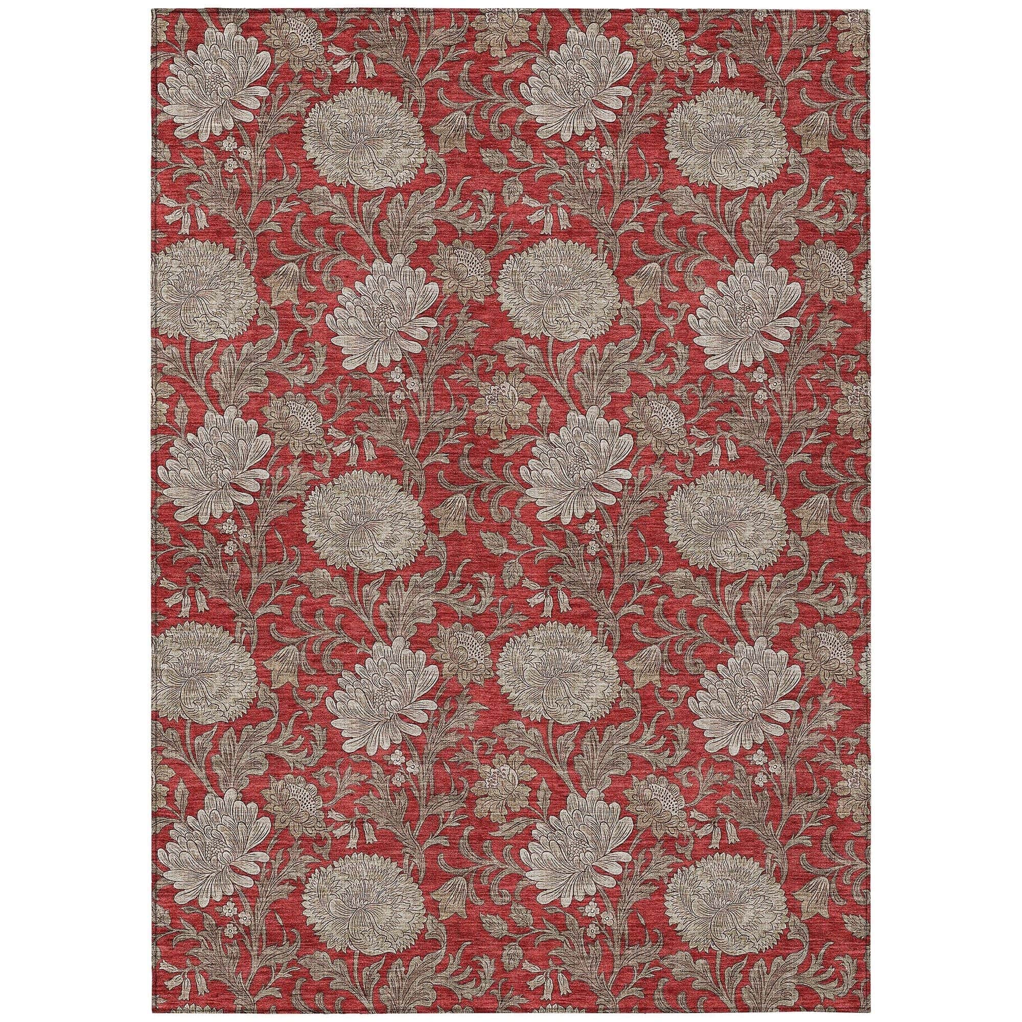 Machine Washable Red Rug - Indoor / Outdoor - Kids / Pet Friendly Floral Print Rug