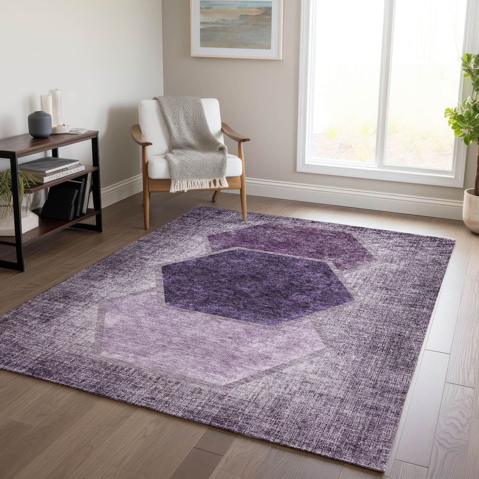 Machine Washable Eggplant Purple Rug - Indoor / Outdoor - Kids / Pet Friendly Geometric Print Rug