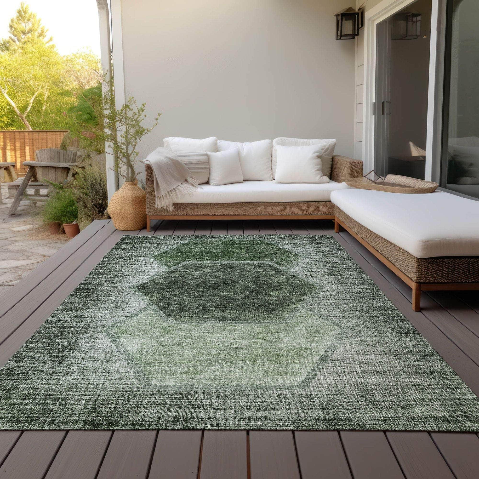 Machine Washable Olive Green Rug - Indoor / Outdoor - Kids / Pet Friendly Geometric Print Rug
