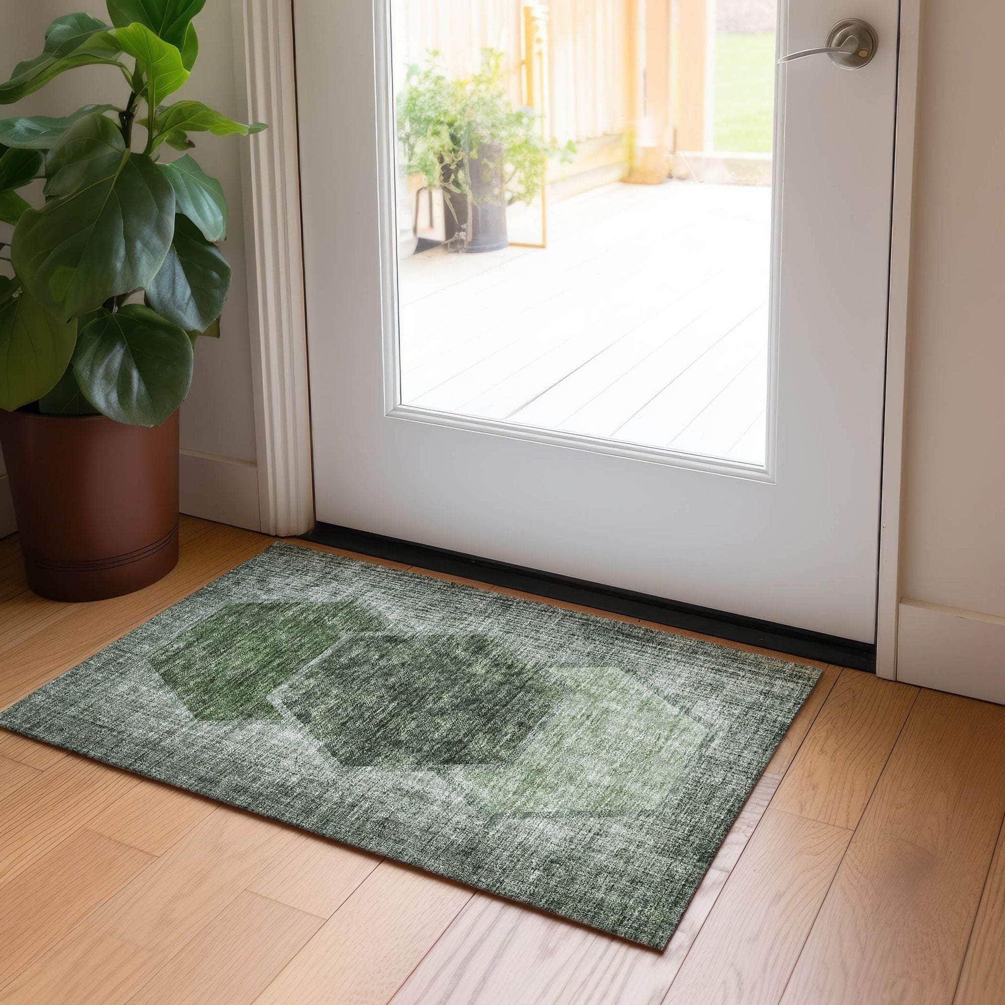 Machine Washable Olive Green Rug - Indoor / Outdoor - Kids / Pet Friendly Geometric Print Rug