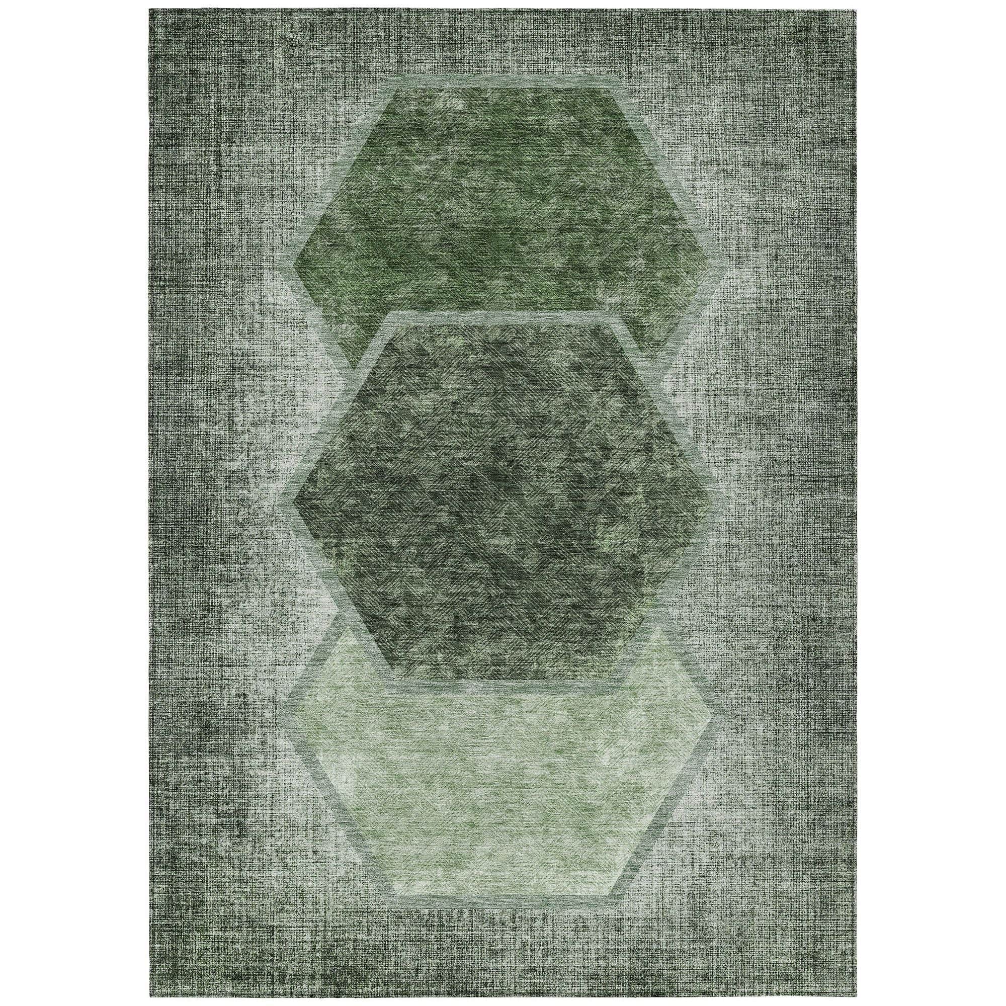 Machine Washable Olive Green Rug - Indoor / Outdoor - Kids / Pet Friendly Geometric Print Rug