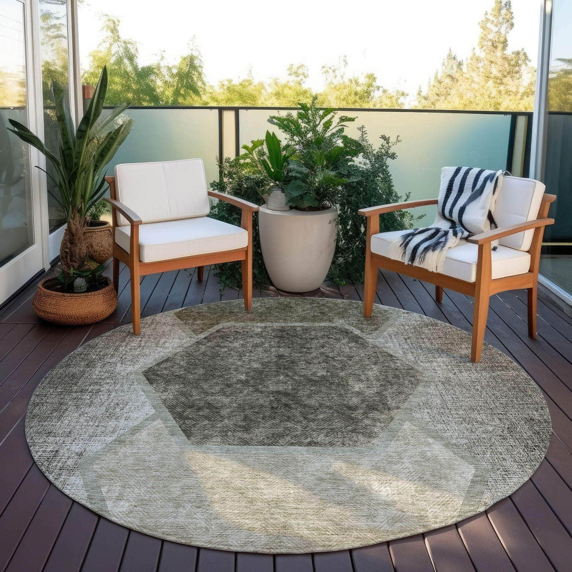 Machine Washable Taupe Brown Rug - Indoor / Outdoor - Kids / Pet Friendly Geometric Print Rug