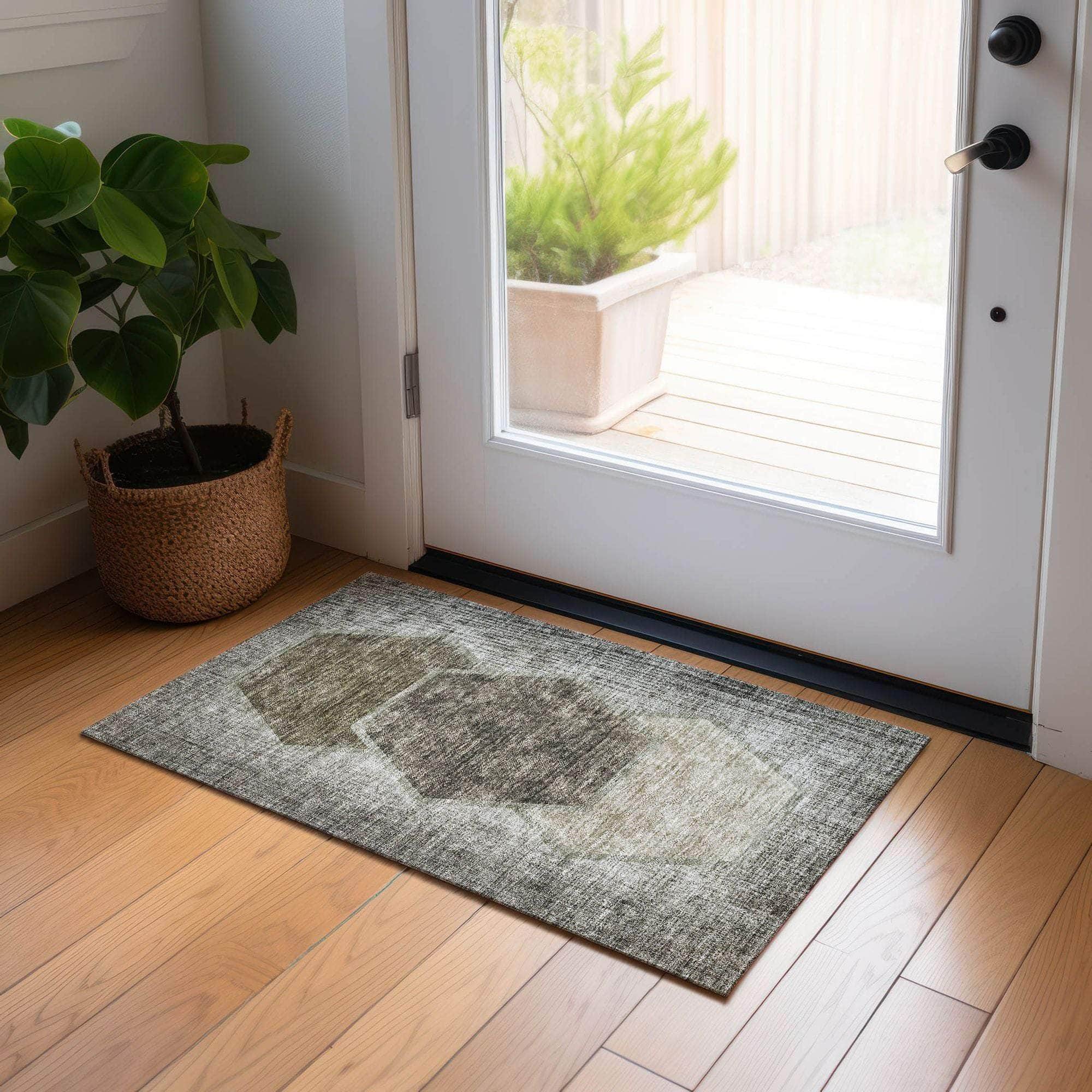 Machine Washable Taupe Brown Rug - Indoor / Outdoor - Kids / Pet Friendly Geometric Print Rug