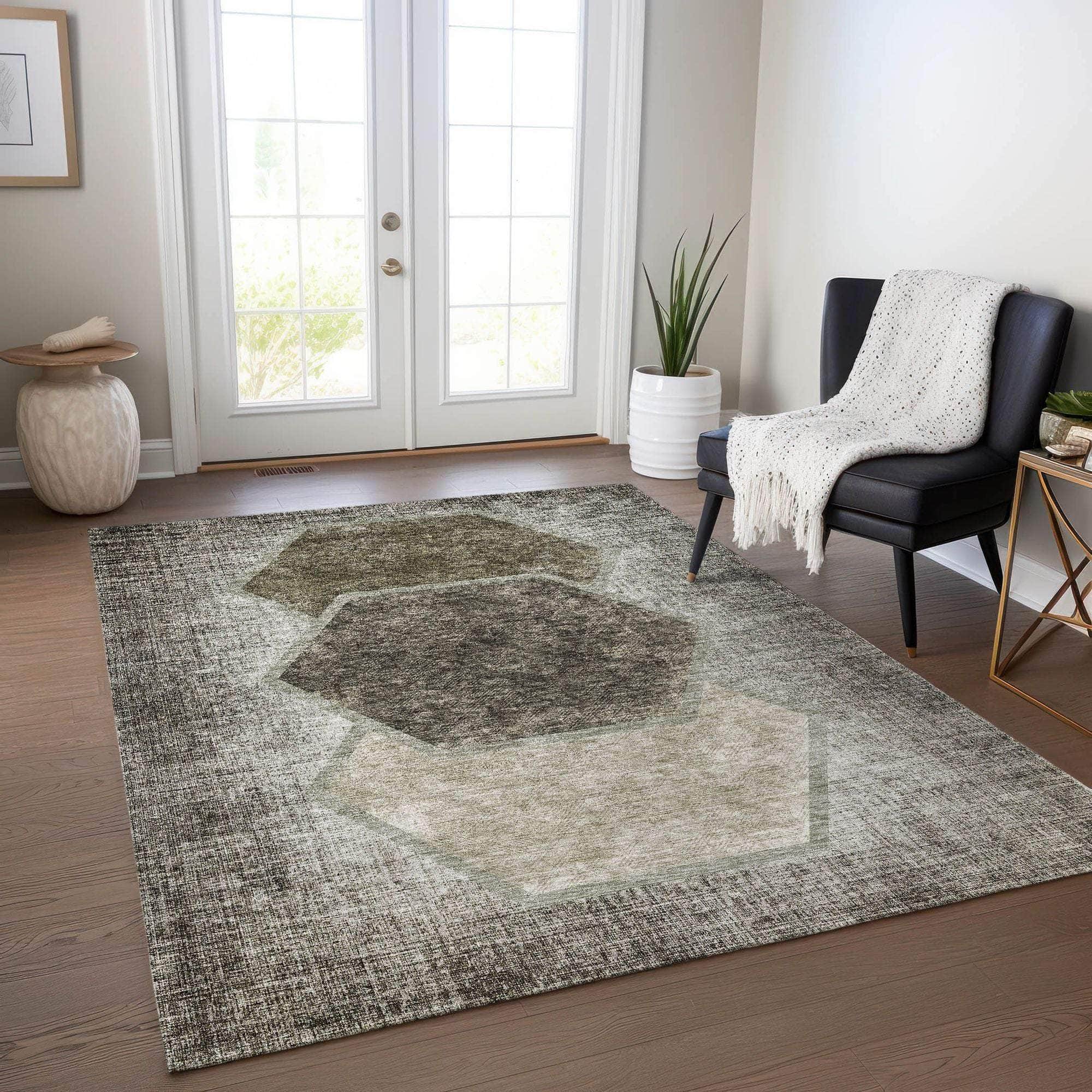 Machine Washable Taupe Brown Rug - Indoor / Outdoor - Kids / Pet Friendly Geometric Print Rug