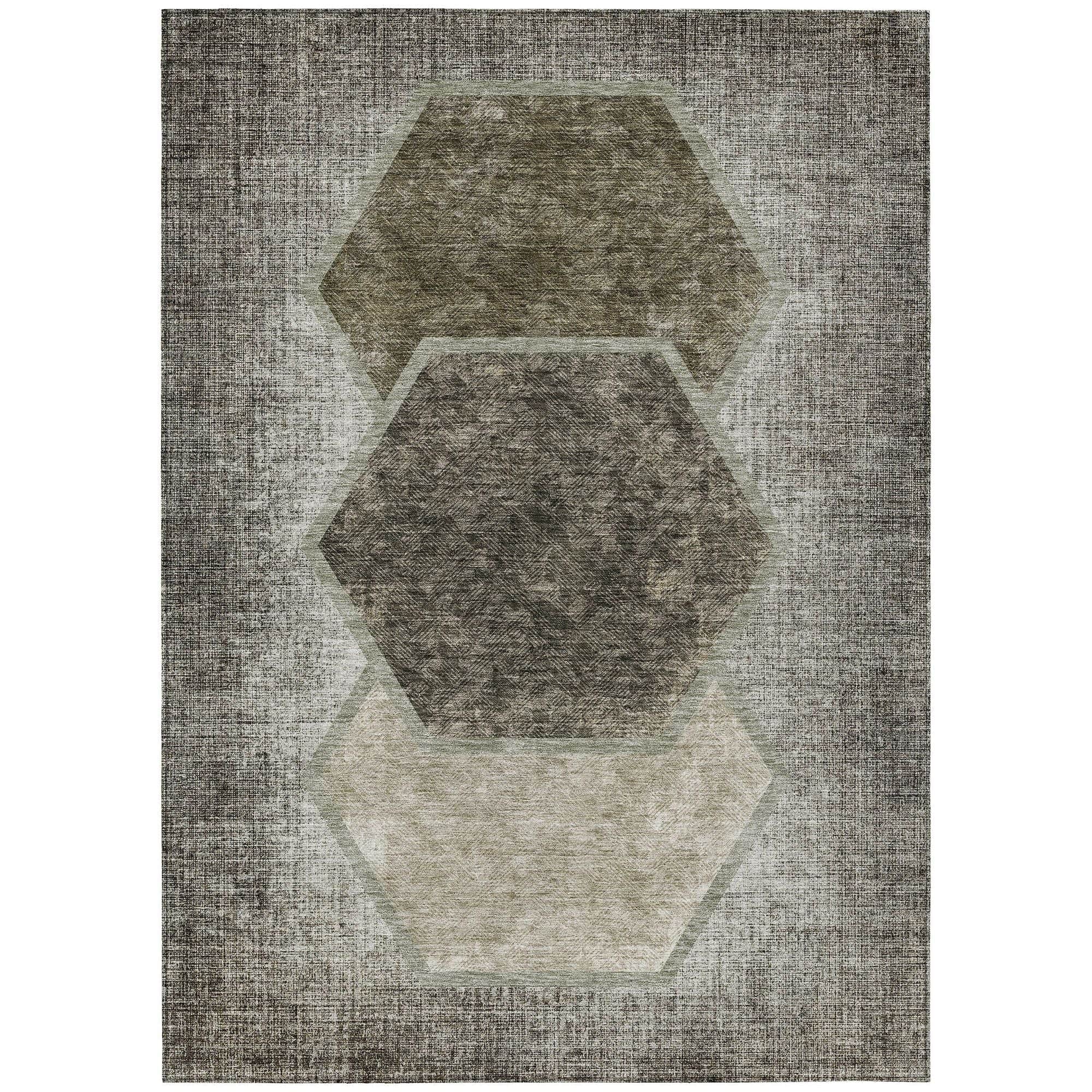 Machine Washable Taupe Brown Rug - Indoor / Outdoor - Kids / Pet Friendly Geometric Print Rug