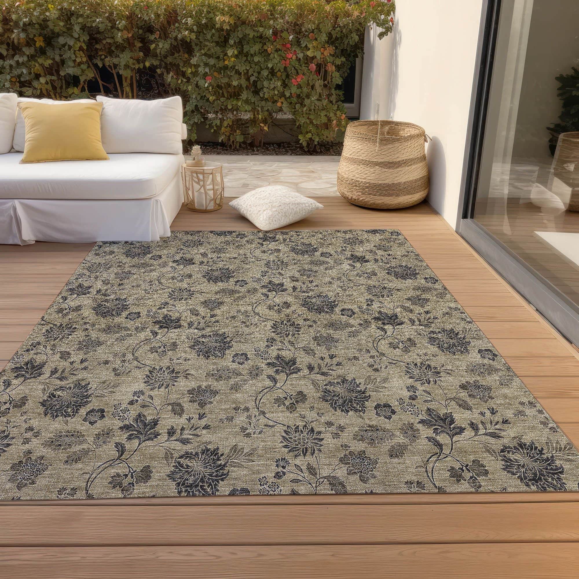 Machine Washable Brown Rug - Indoor / Outdoor - Kids / Pet Friendly Floral Print Rug
