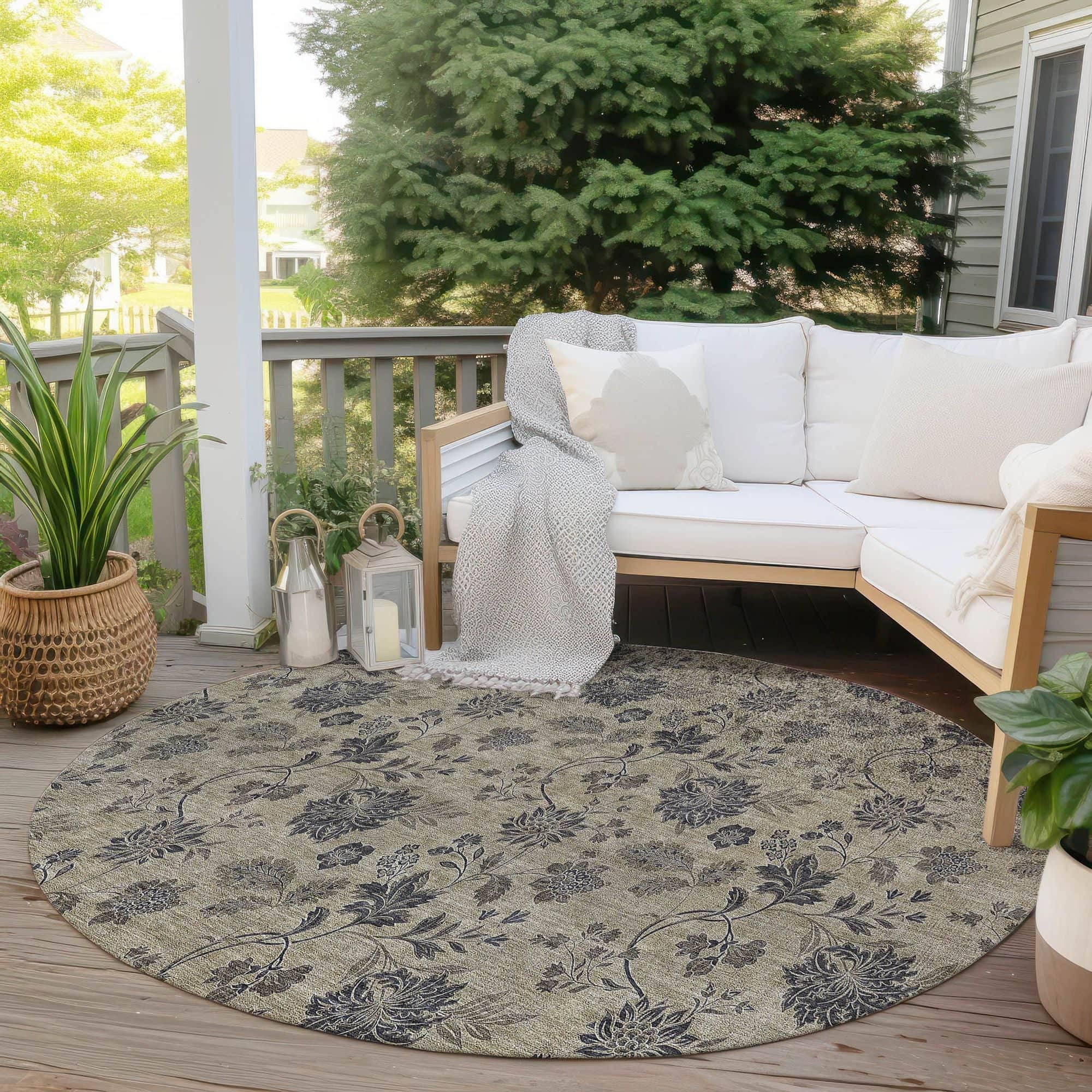 Machine Washable Brown Rug - Indoor / Outdoor - Kids / Pet Friendly Floral Print Rug