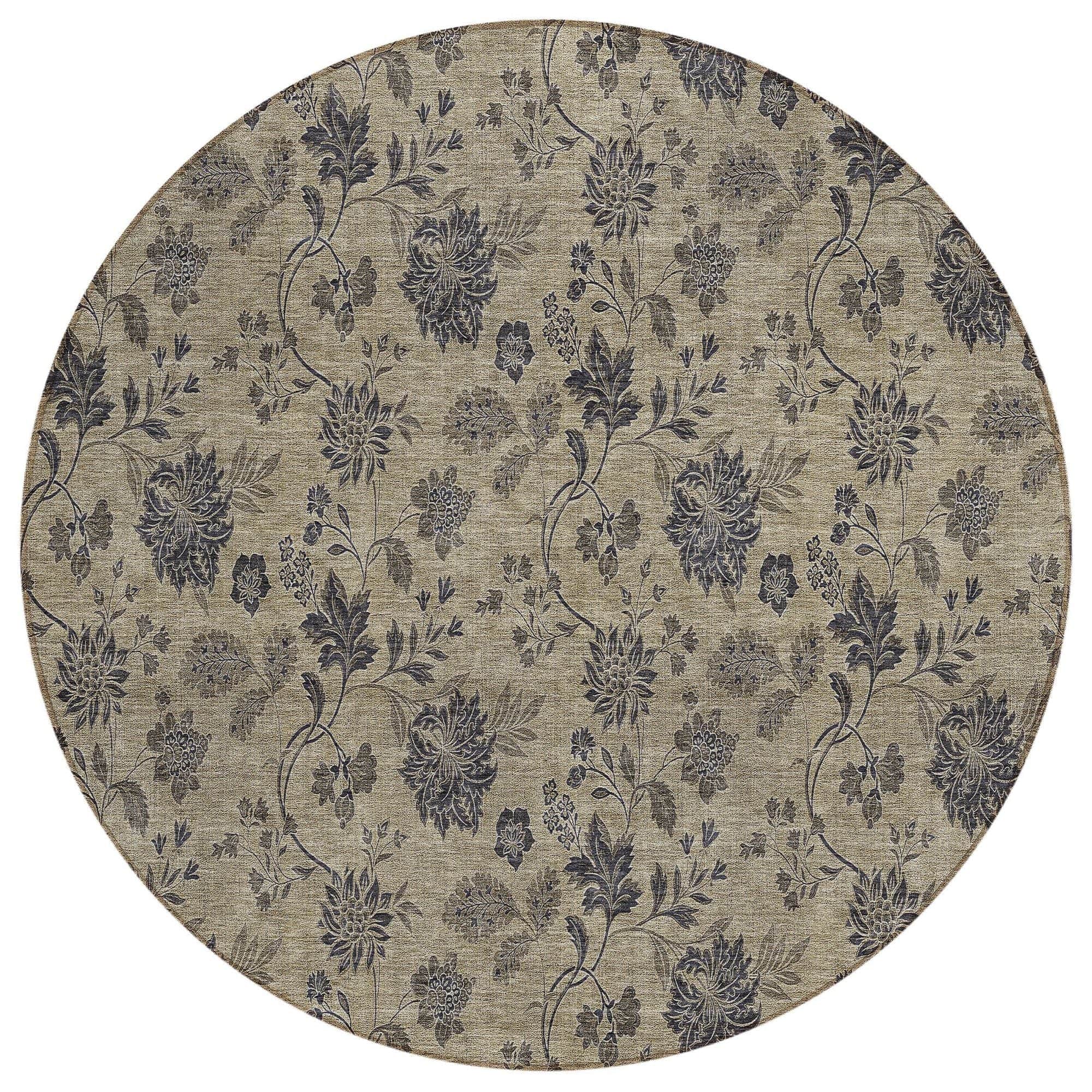 Machine Washable Brown Rug - Indoor / Outdoor - Kids / Pet Friendly Floral Print Rug