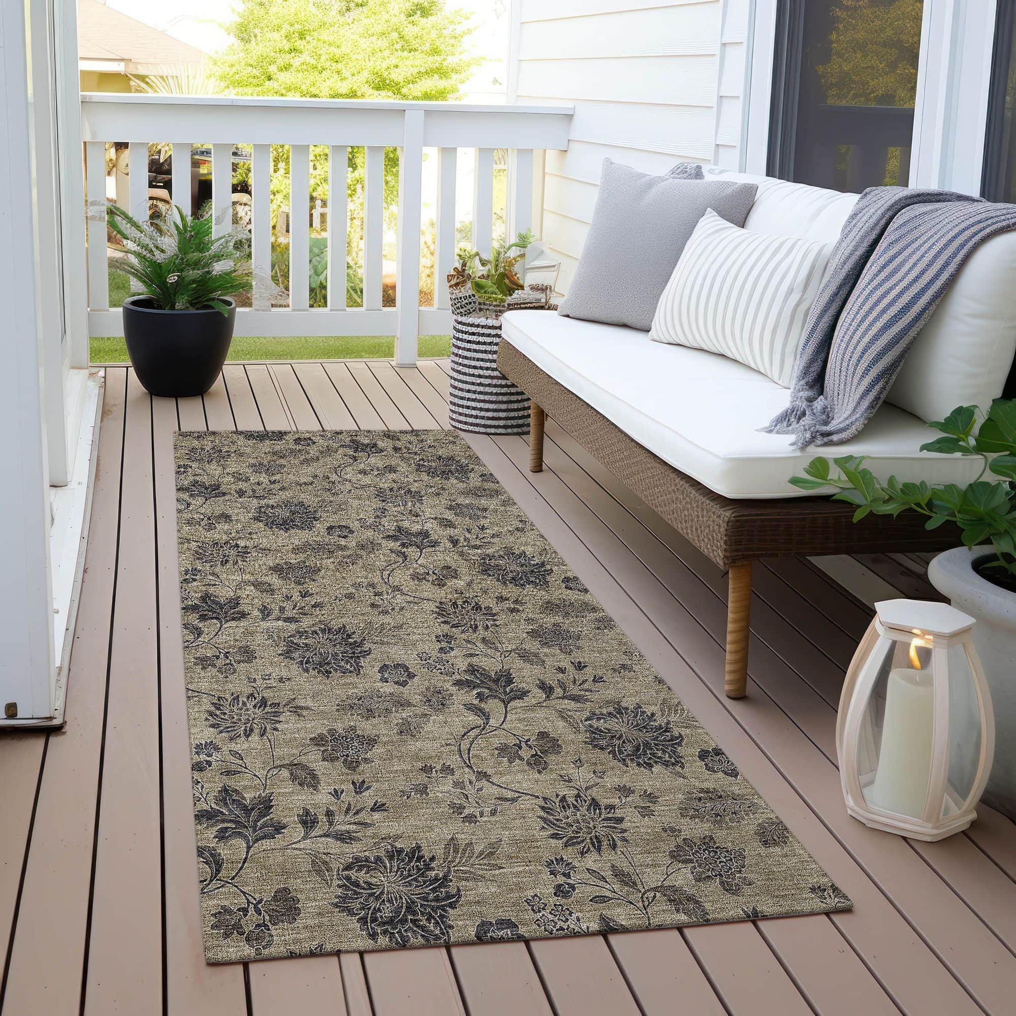 Machine Washable Brown Rug - Indoor / Outdoor - Kids / Pet Friendly Floral Print Rug