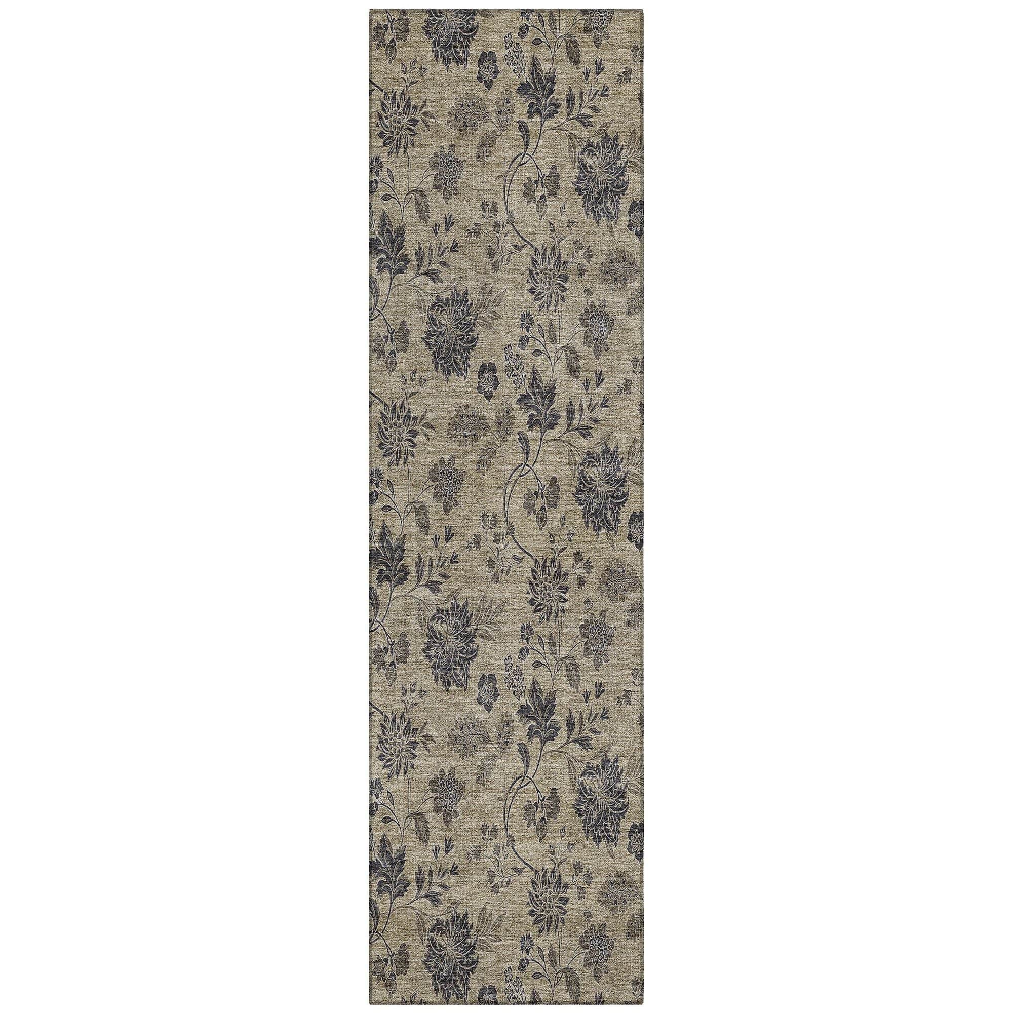 Machine Washable Brown Rug - Indoor / Outdoor - Kids / Pet Friendly Floral Print Rug