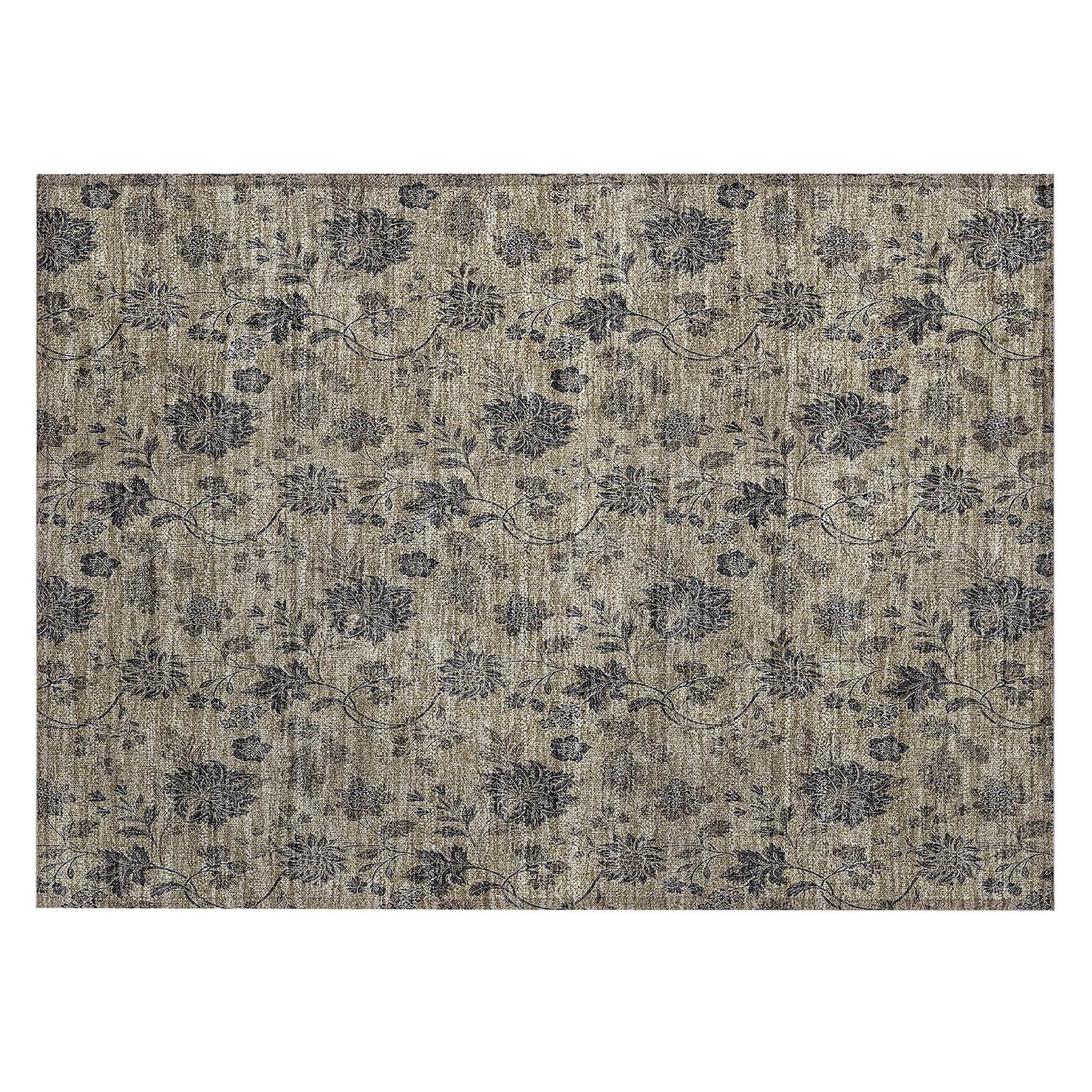 Machine Washable Brown Rug - Indoor / Outdoor - Kids / Pet Friendly Floral Print Rug