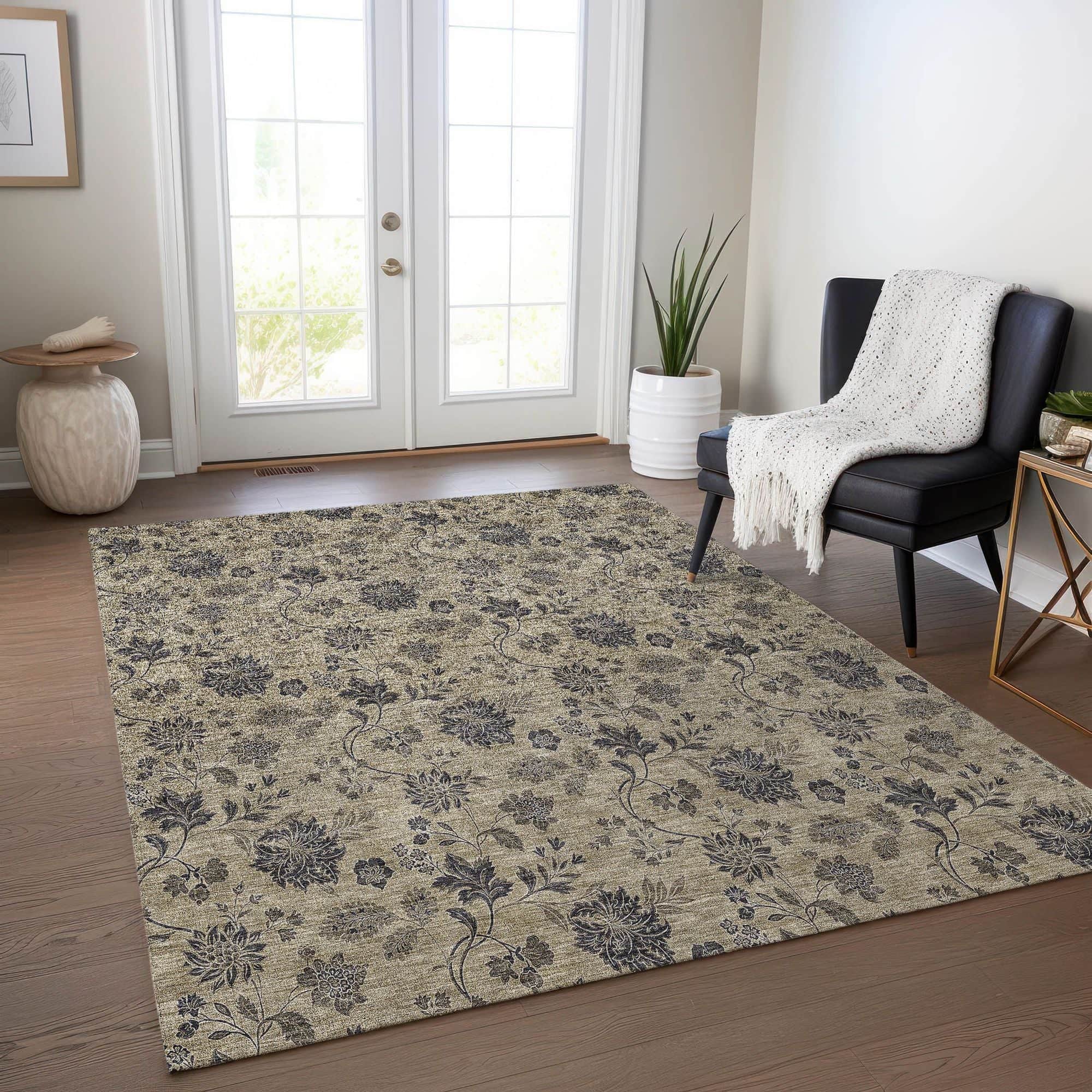 Machine Washable Brown Rug - Indoor / Outdoor - Kids / Pet Friendly Floral Print Rug