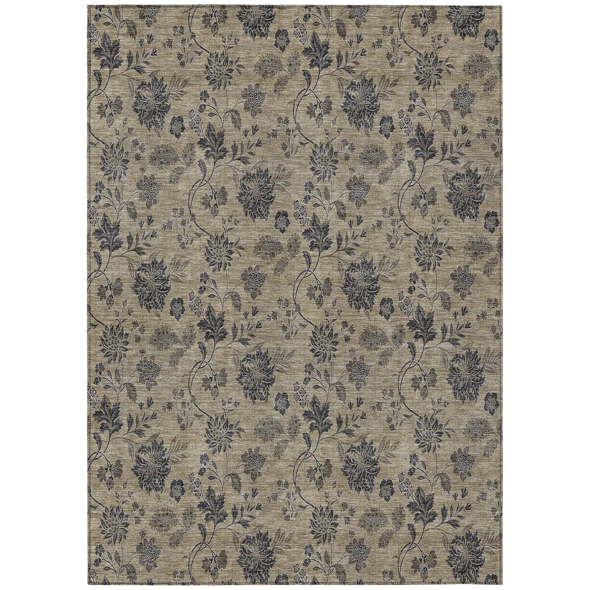 Machine Washable Brown Rug - Indoor / Outdoor - Kids / Pet Friendly Floral Print Rug