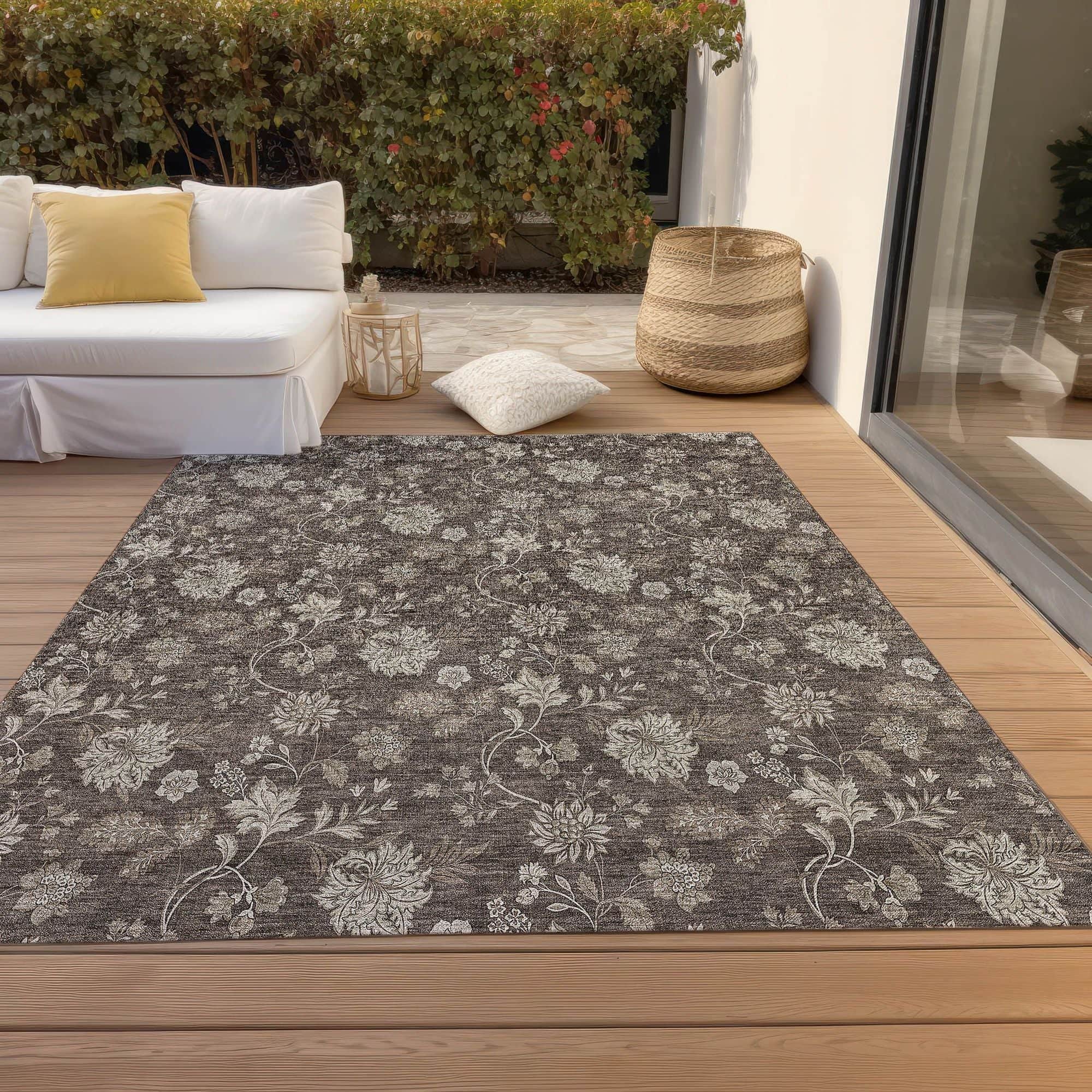 Machine Washable Chocolate Brown Rug - Indoor / Outdoor - Kids / Pet Friendly Floral Print Rug