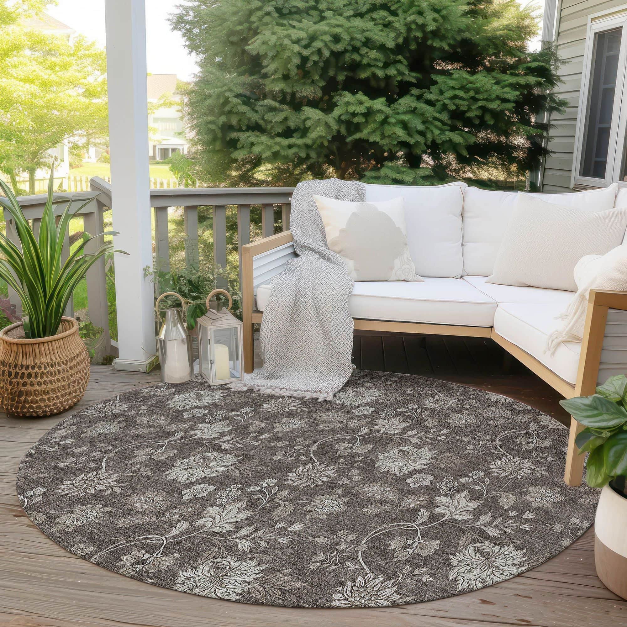 Machine Washable Chocolate Brown Rug - Indoor / Outdoor - Kids / Pet Friendly Floral Print Rug