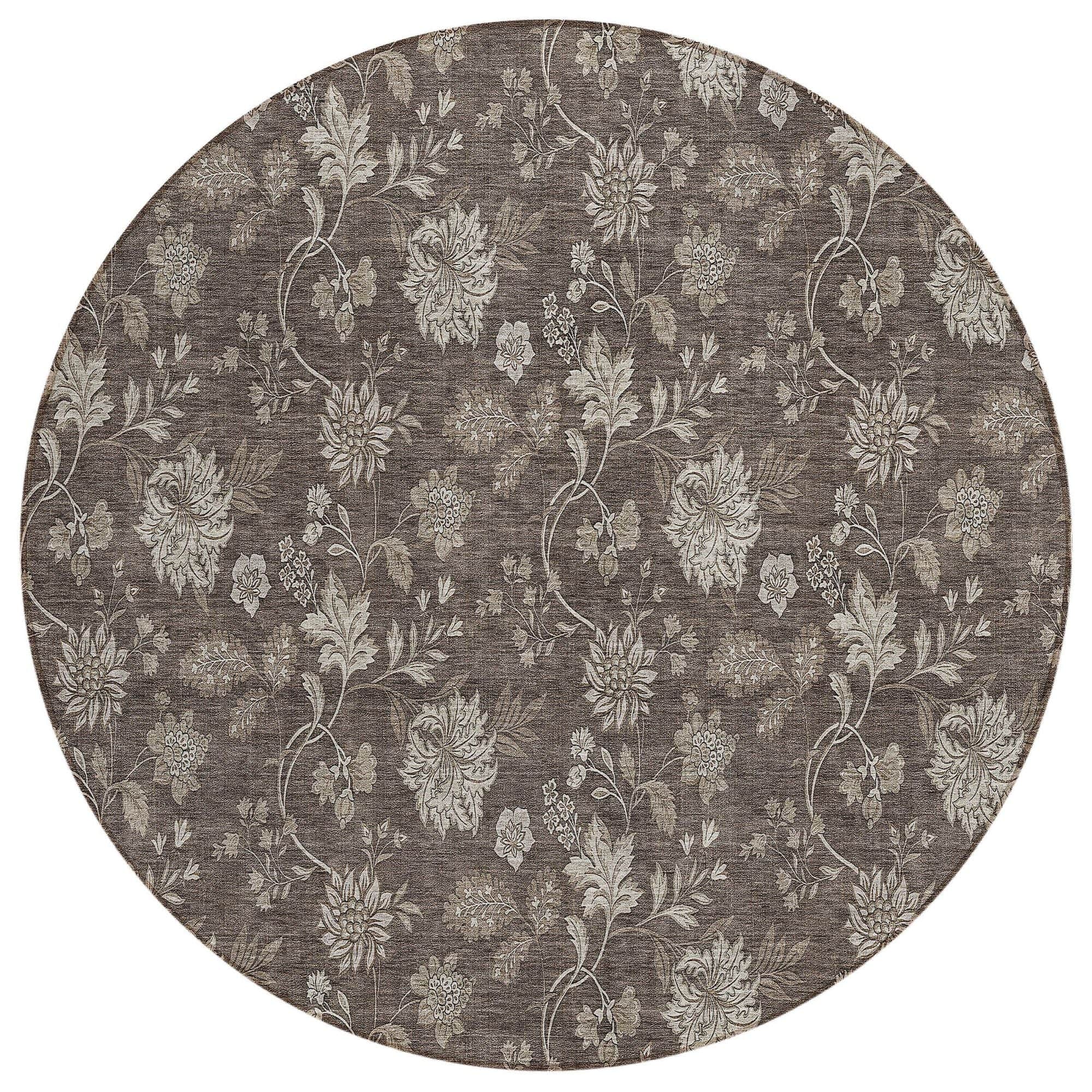 Machine Washable Chocolate Brown Rug - Indoor / Outdoor - Kids / Pet Friendly Floral Print Rug