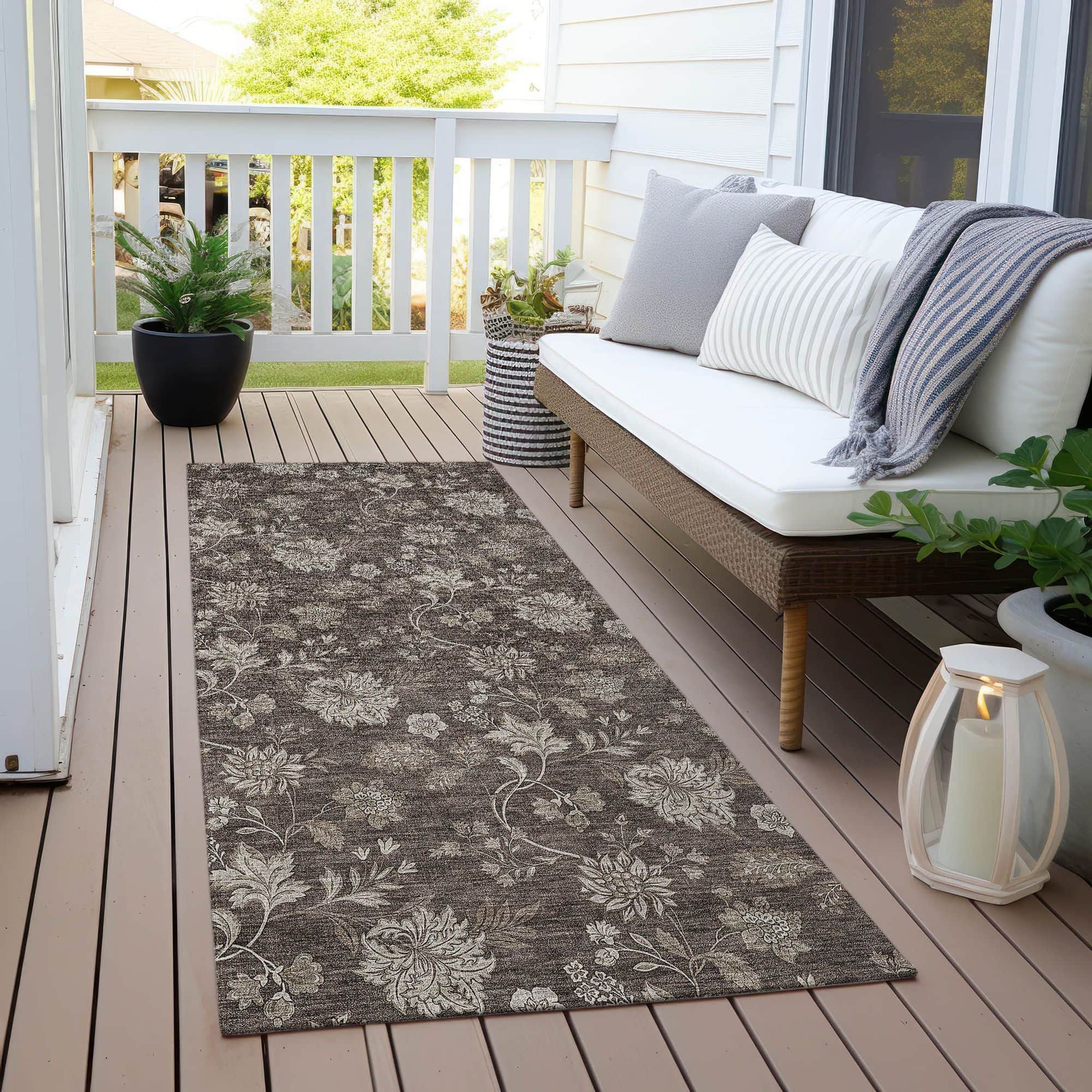 Machine Washable Chocolate Brown Rug - Indoor / Outdoor - Kids / Pet Friendly Floral Print Rug