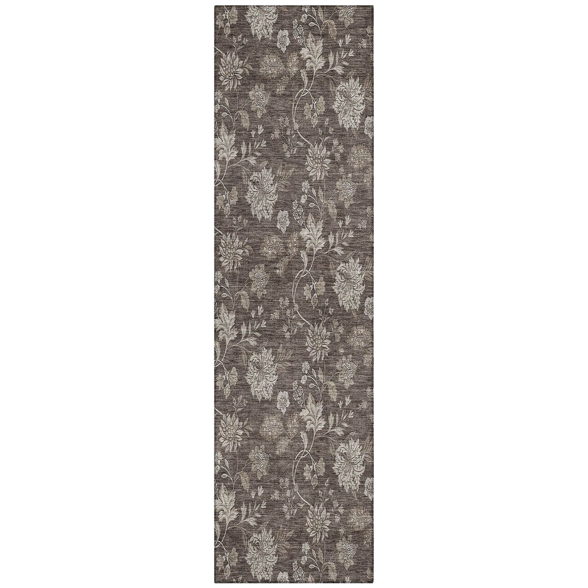 Machine Washable Chocolate Brown Rug - Indoor / Outdoor - Kids / Pet Friendly Floral Print Rug
