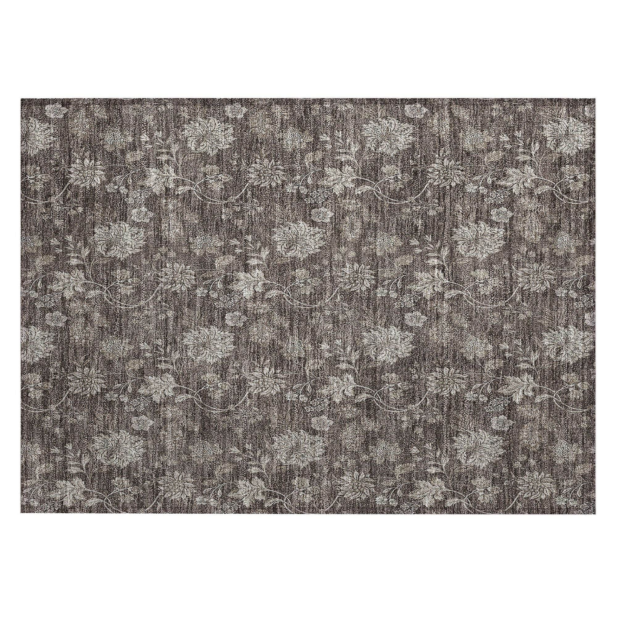 Machine Washable Chocolate Brown Rug - Indoor / Outdoor - Kids / Pet Friendly Floral Print Rug