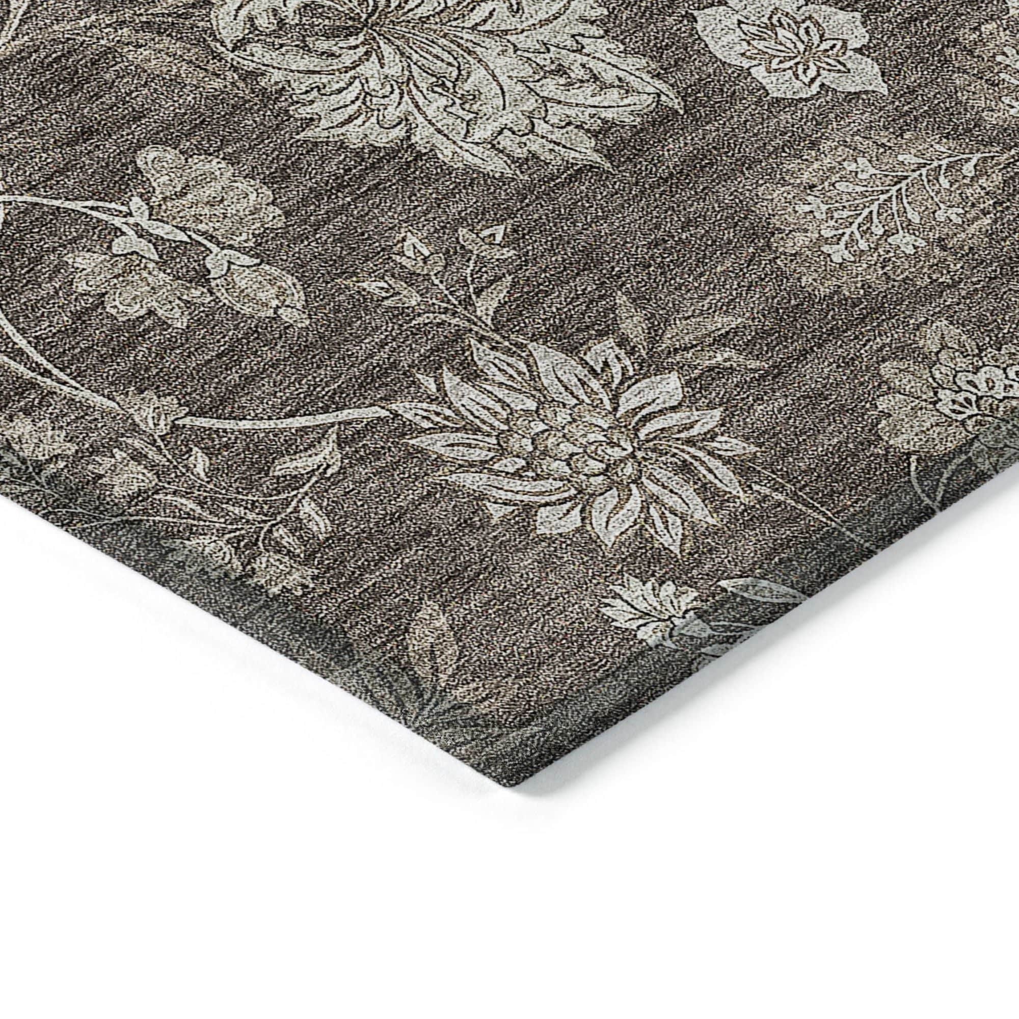 Machine Washable Chocolate Brown Rug - Indoor / Outdoor - Kids / Pet Friendly Floral Print Rug