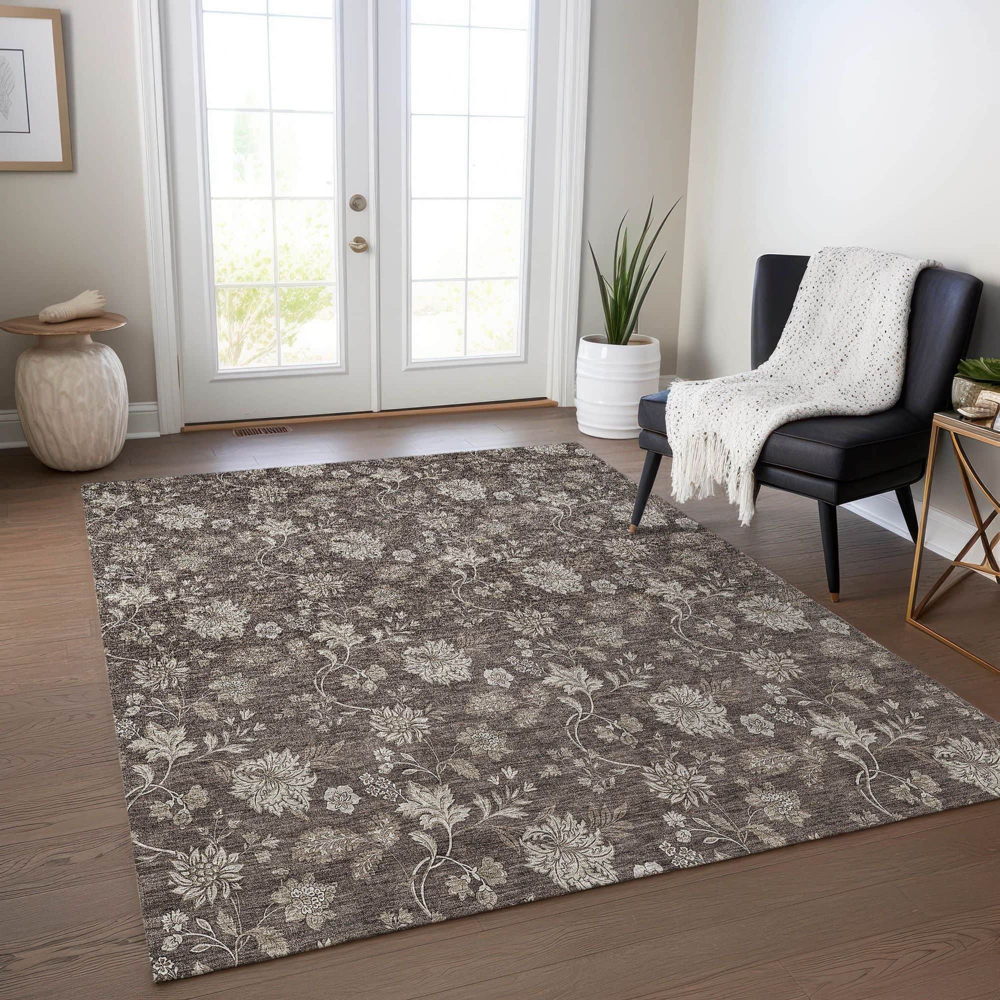 Machine Washable Chocolate Brown Rug - Indoor / Outdoor - Kids / Pet Friendly Floral Print Rug