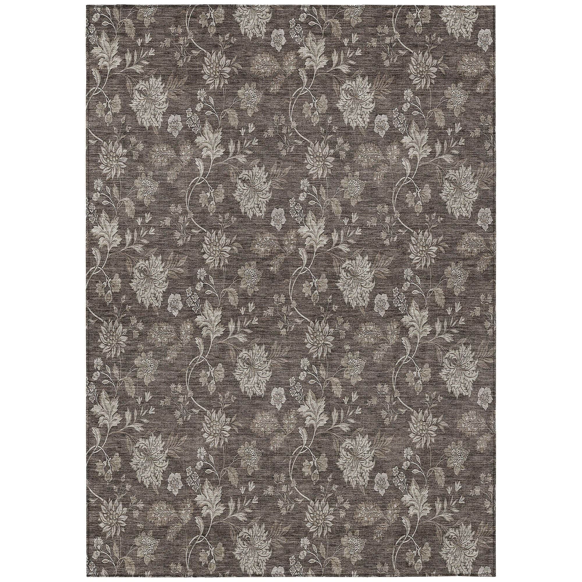 Machine Washable Chocolate Brown Rug - Indoor / Outdoor - Kids / Pet Friendly Floral Print Rug