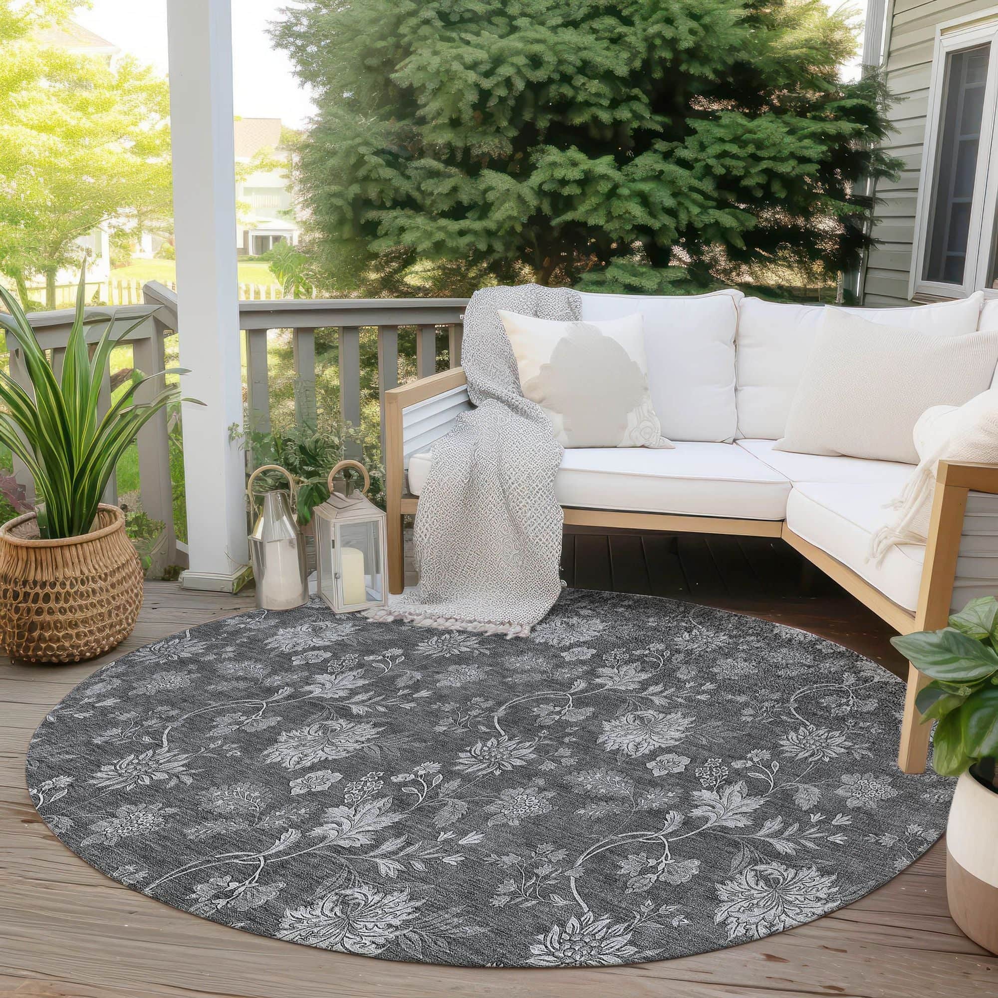 Machine Washable Gray Rug - Indoor / Outdoor - Kids / Pet Friendly Floral Print Rug