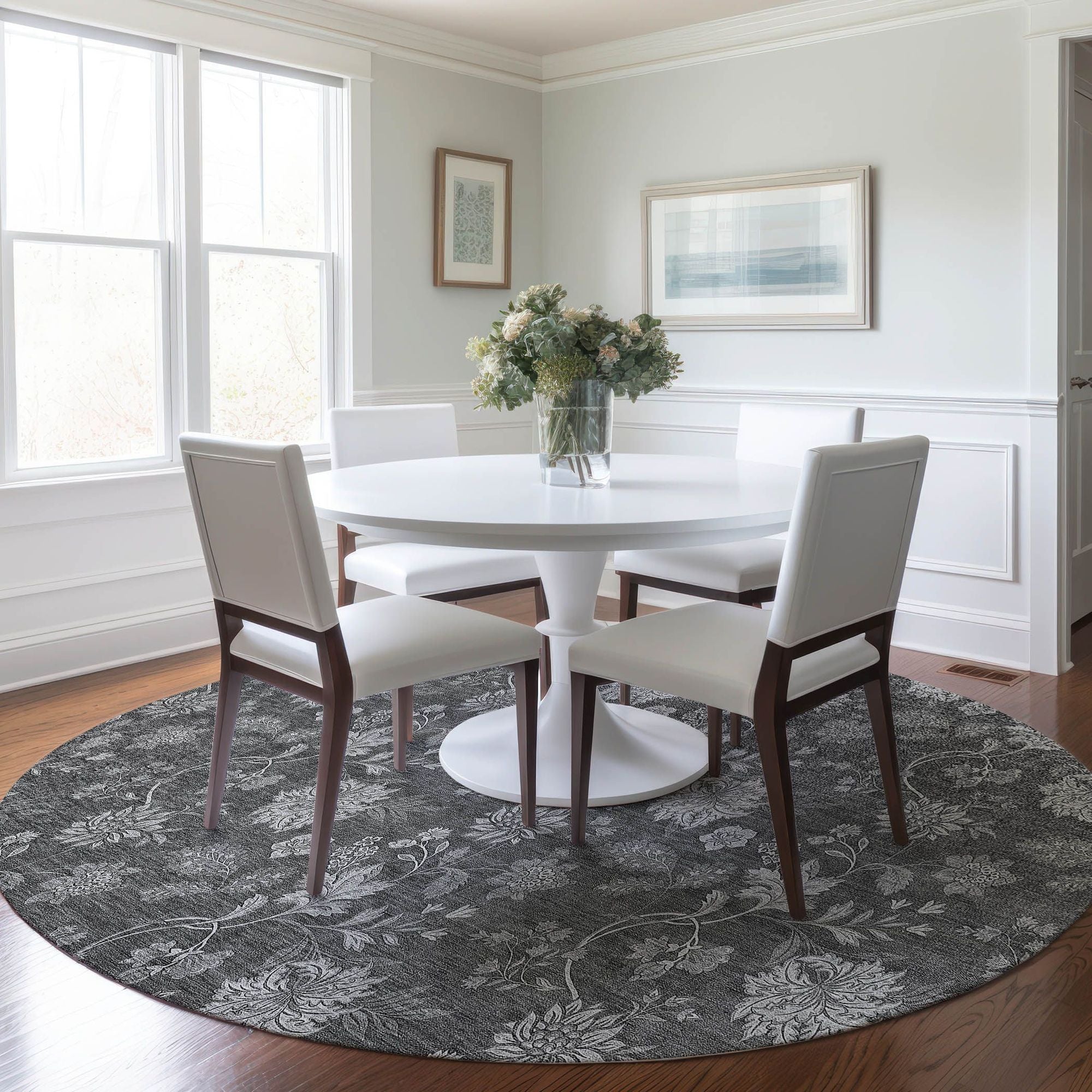 Machine Washable Gray Rug - Indoor / Outdoor - Kids / Pet Friendly Floral Print Rug