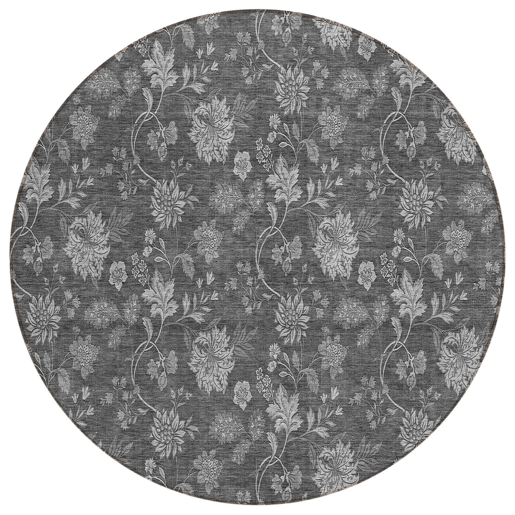 Machine Washable Gray Rug - Indoor / Outdoor - Kids / Pet Friendly Floral Print Rug