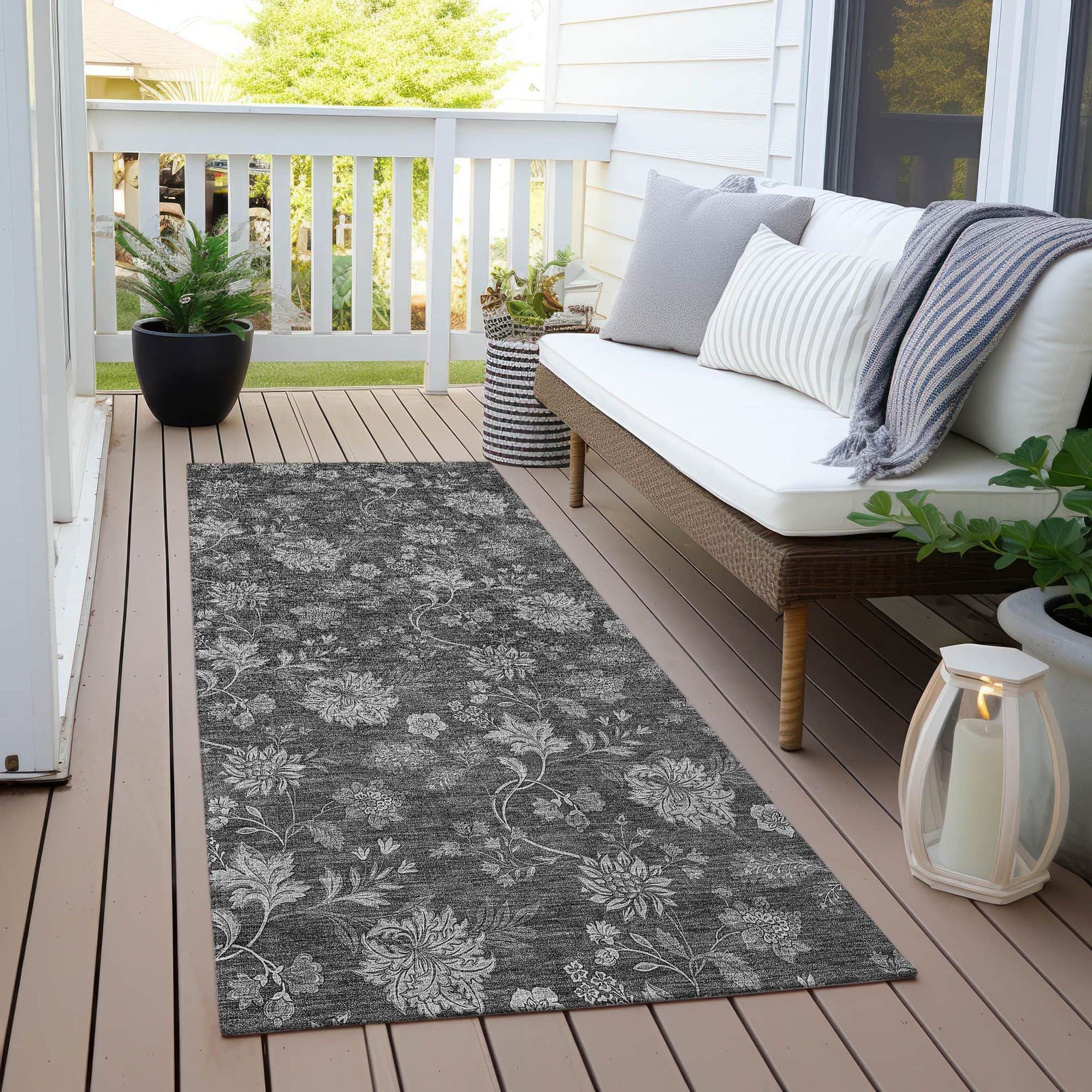 Machine Washable Gray Rug - Indoor / Outdoor - Kids / Pet Friendly Floral Print Rug