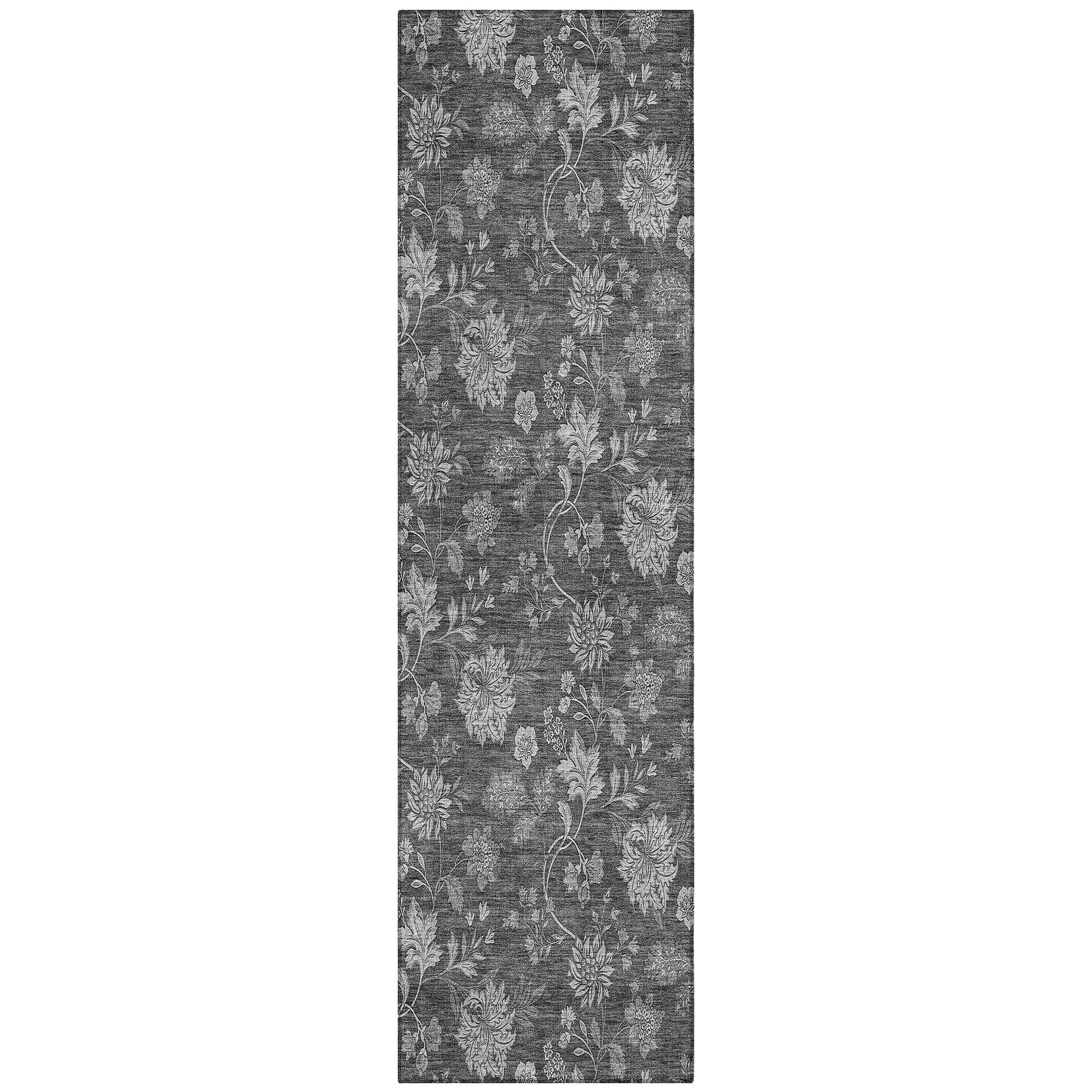 Machine Washable Gray Rug - Indoor / Outdoor - Kids / Pet Friendly Floral Print Rug