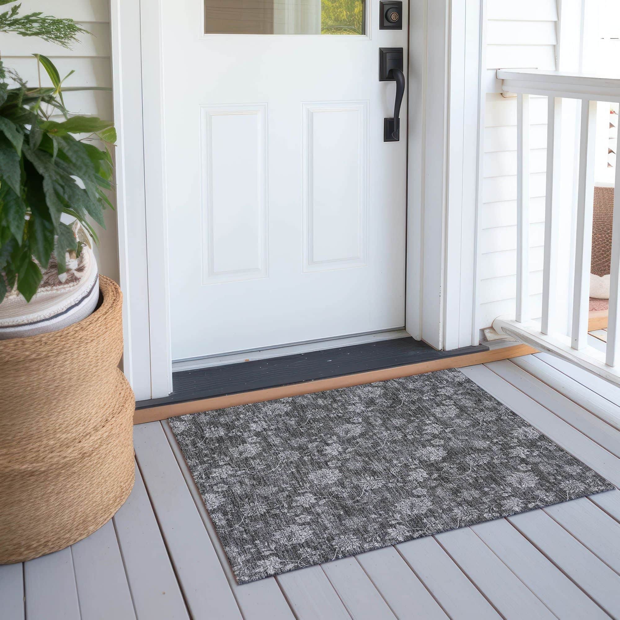 Machine Washable Gray Rug - Indoor / Outdoor - Kids / Pet Friendly Floral Print Rug