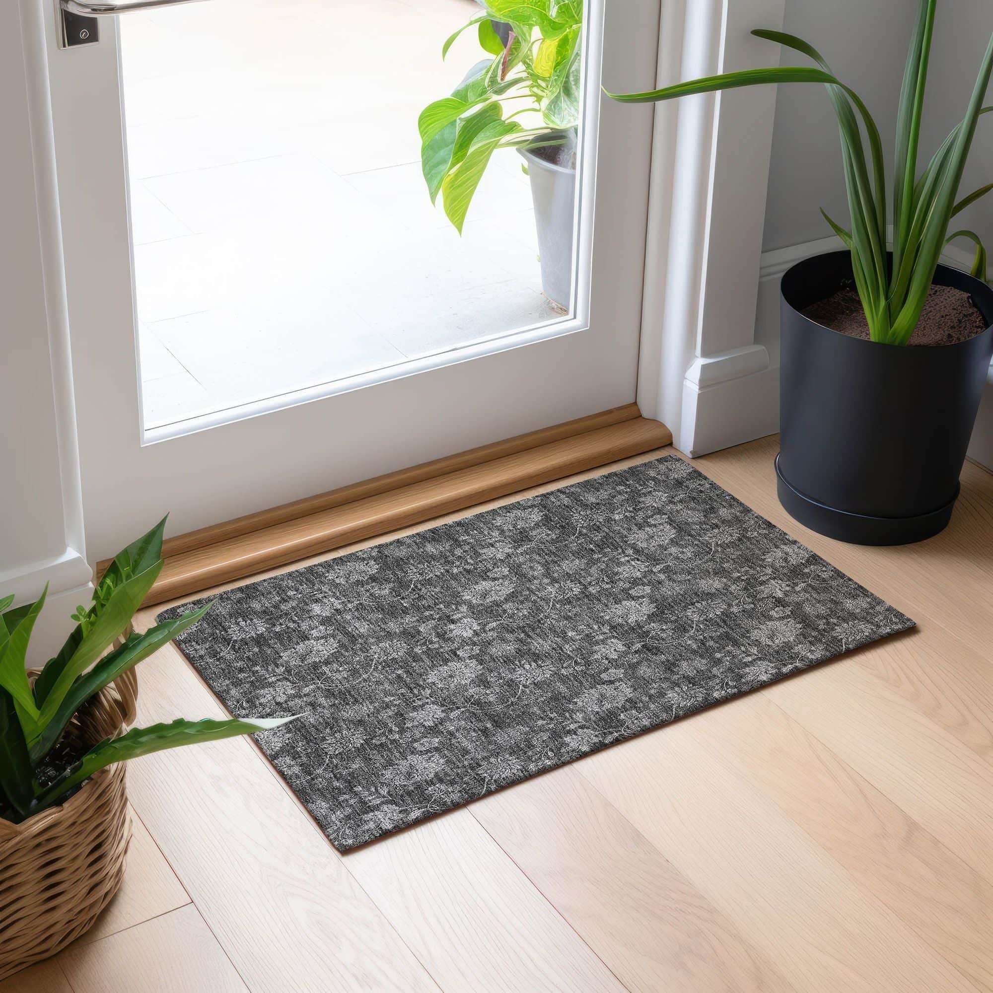 Machine Washable Gray Rug - Indoor / Outdoor - Kids / Pet Friendly Floral Print Rug