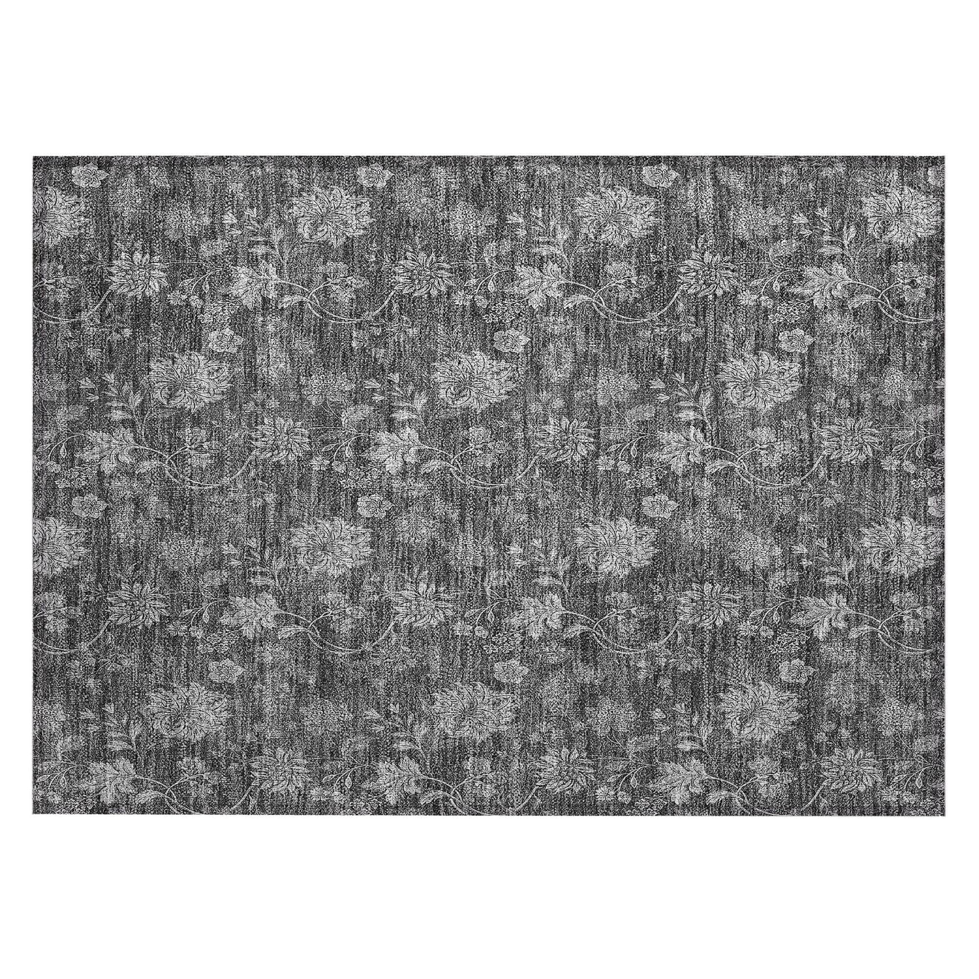 Machine Washable Gray Rug - Indoor / Outdoor - Kids / Pet Friendly Floral Print Rug
