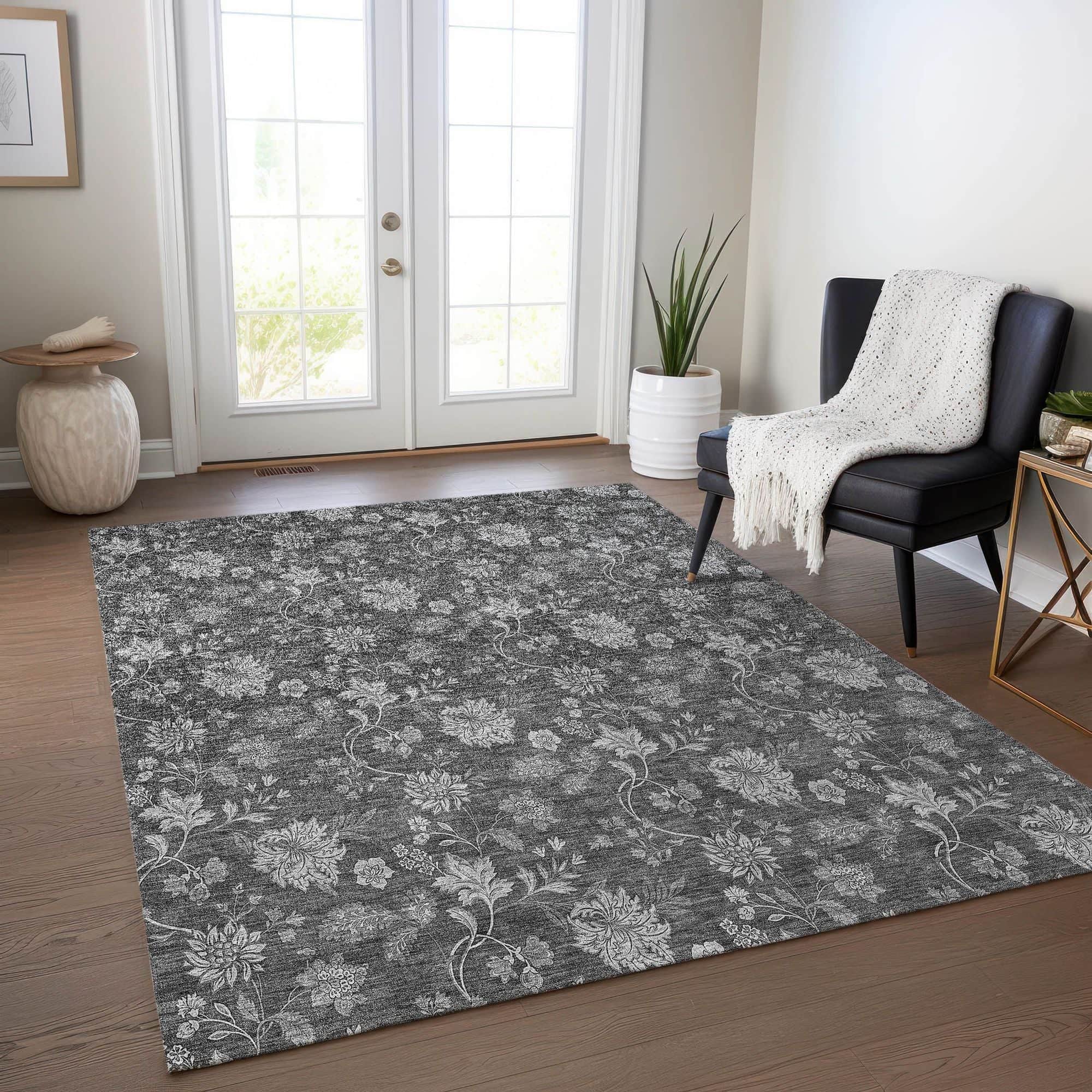 Machine Washable Gray Rug - Indoor / Outdoor - Kids / Pet Friendly Floral Print Rug