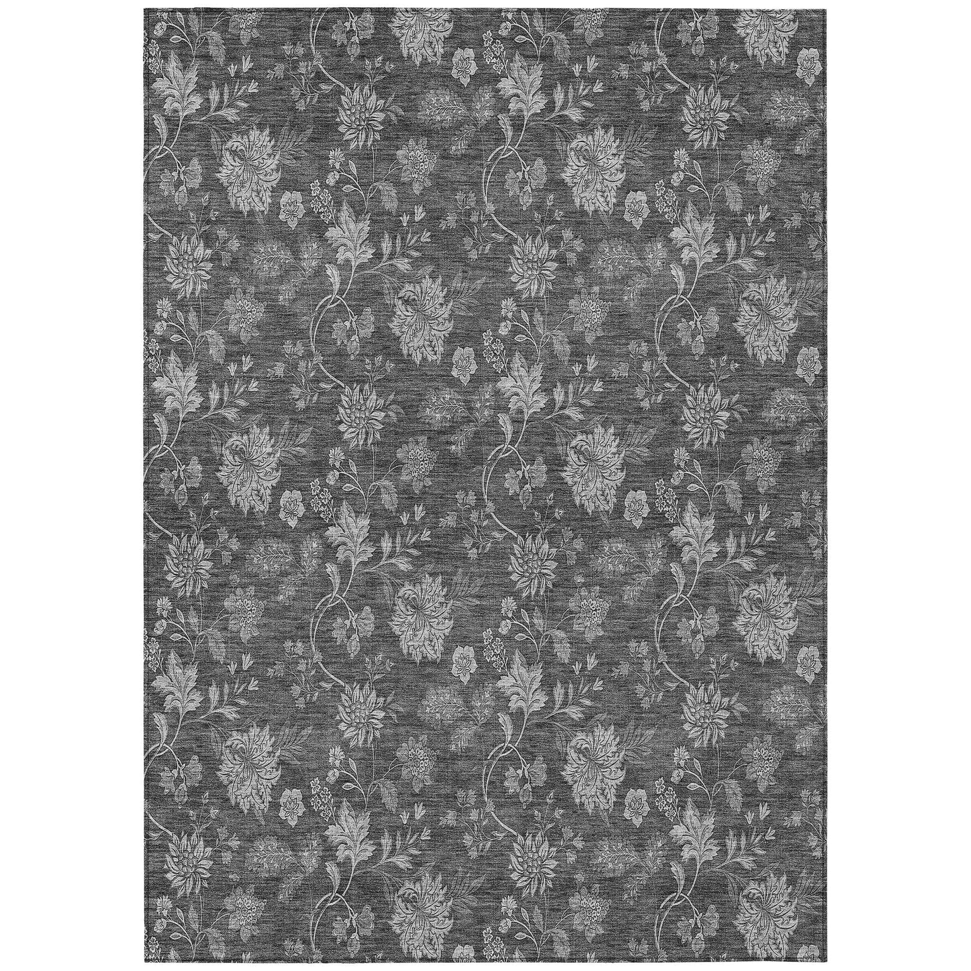 Machine Washable Gray Rug - Indoor / Outdoor - Kids / Pet Friendly Floral Print Rug