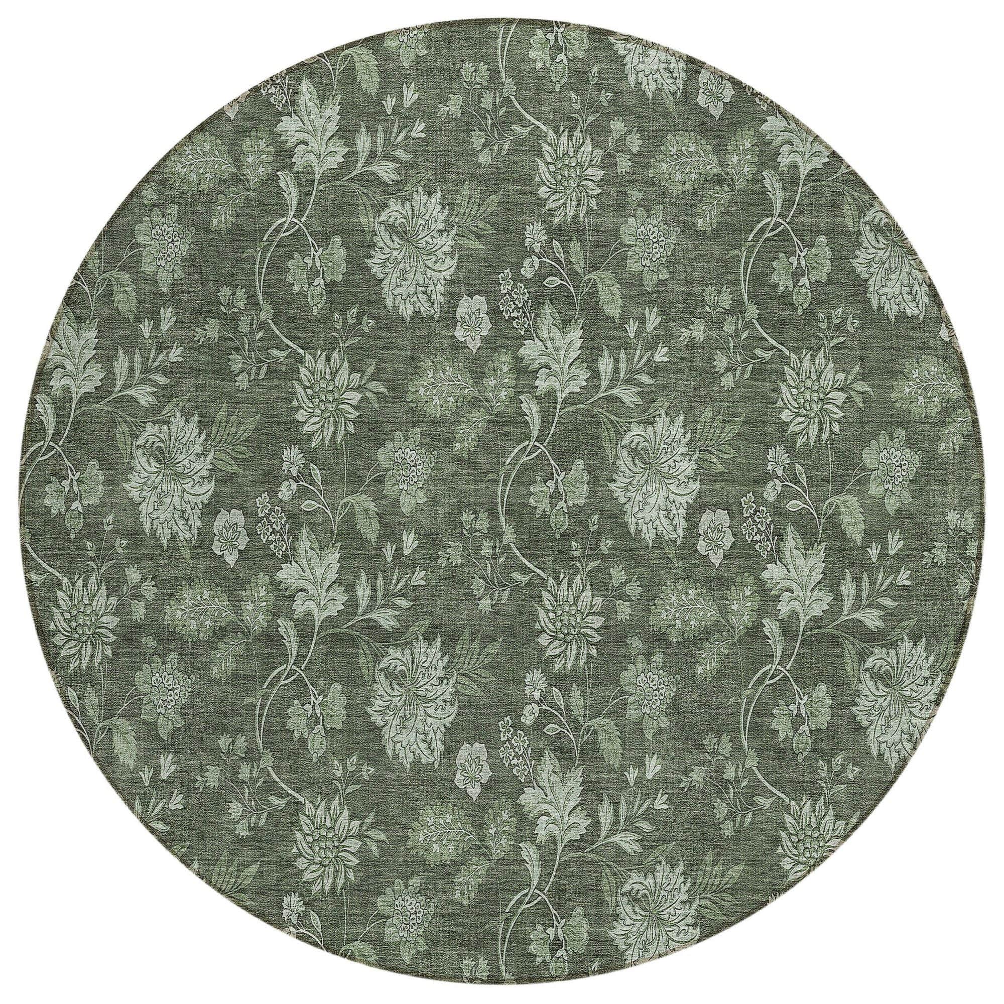 Machine Washable Olive Green Rug - Indoor / Outdoor - Kids / Pet Friendly Floral Print Rug