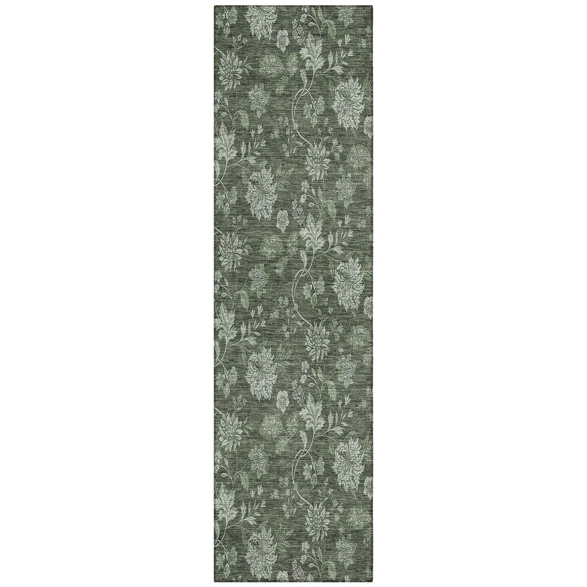 Machine Washable Olive Green Rug - Indoor / Outdoor - Kids / Pet Friendly Floral Print Rug