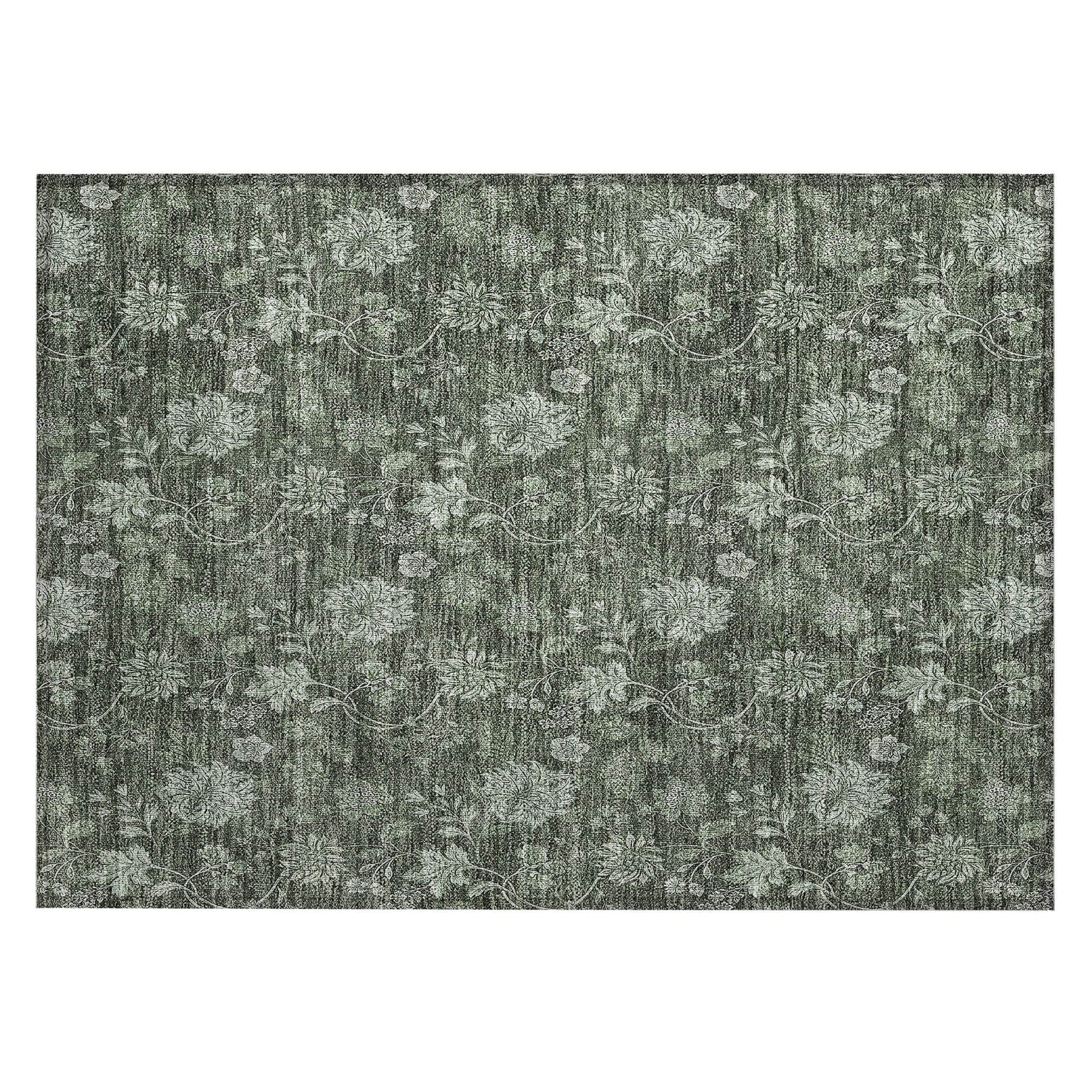 Machine Washable Olive Green Rug - Indoor / Outdoor - Kids / Pet Friendly Floral Print Rug