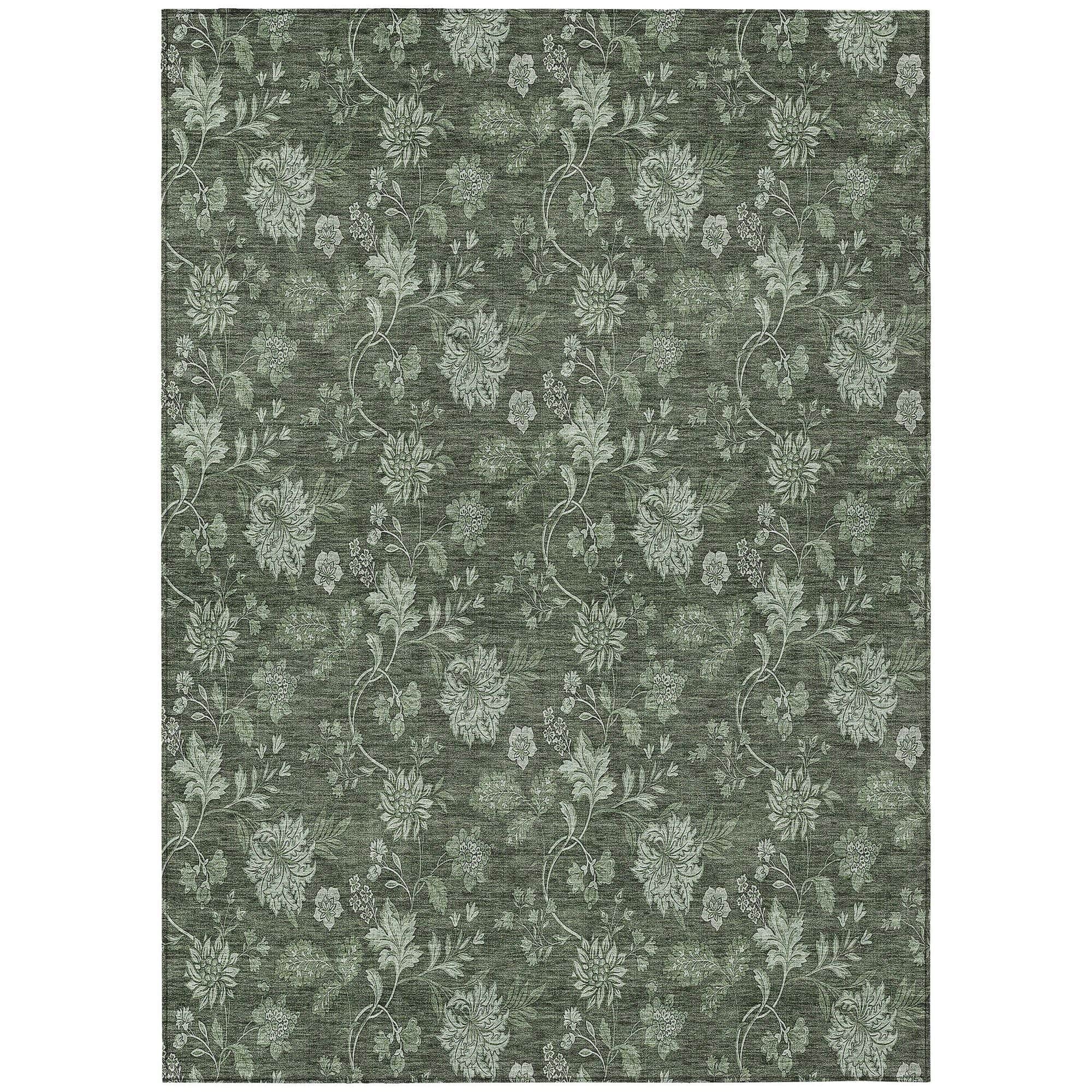 Machine Washable Olive Green Rug - Indoor / Outdoor - Kids / Pet Friendly Floral Print Rug