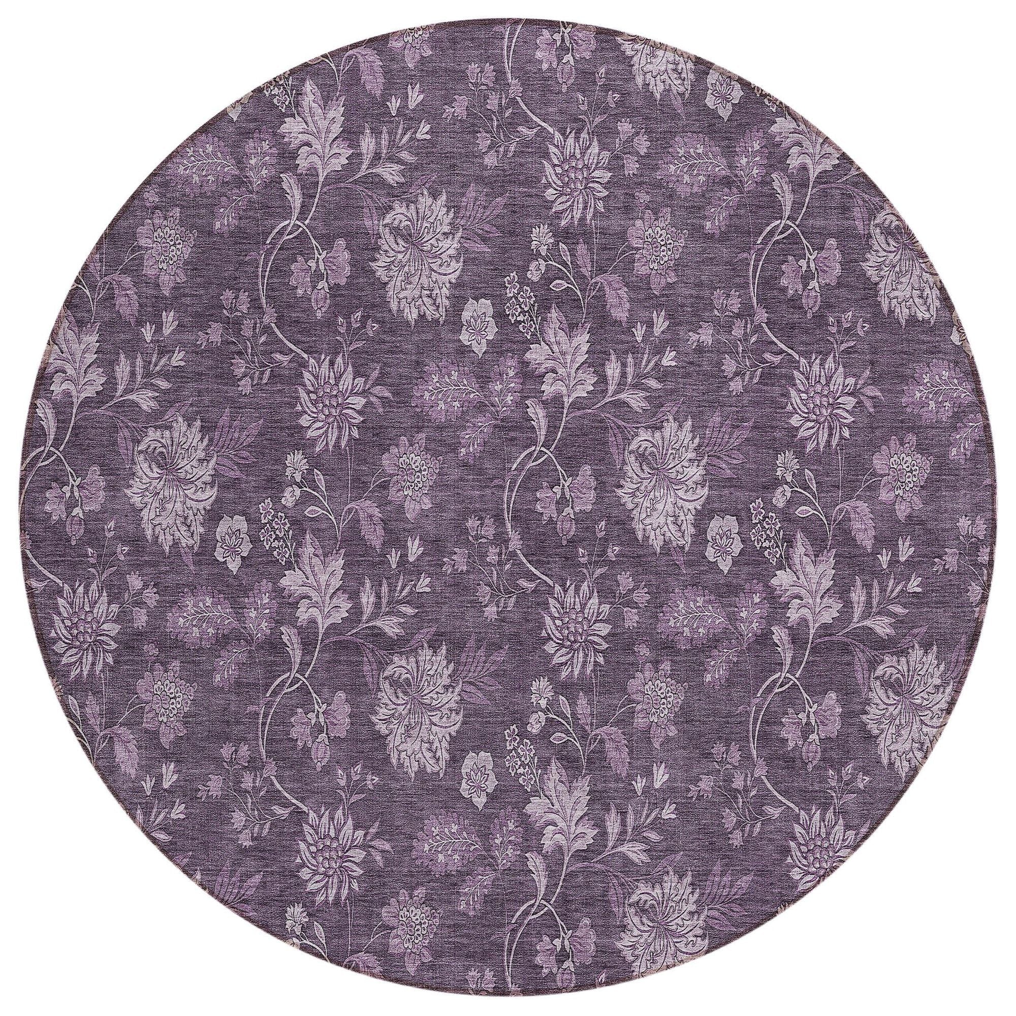 Machine Washable Plum Purple Rug - Indoor / Outdoor - Kids / Pet Friendly Floral Print Rug