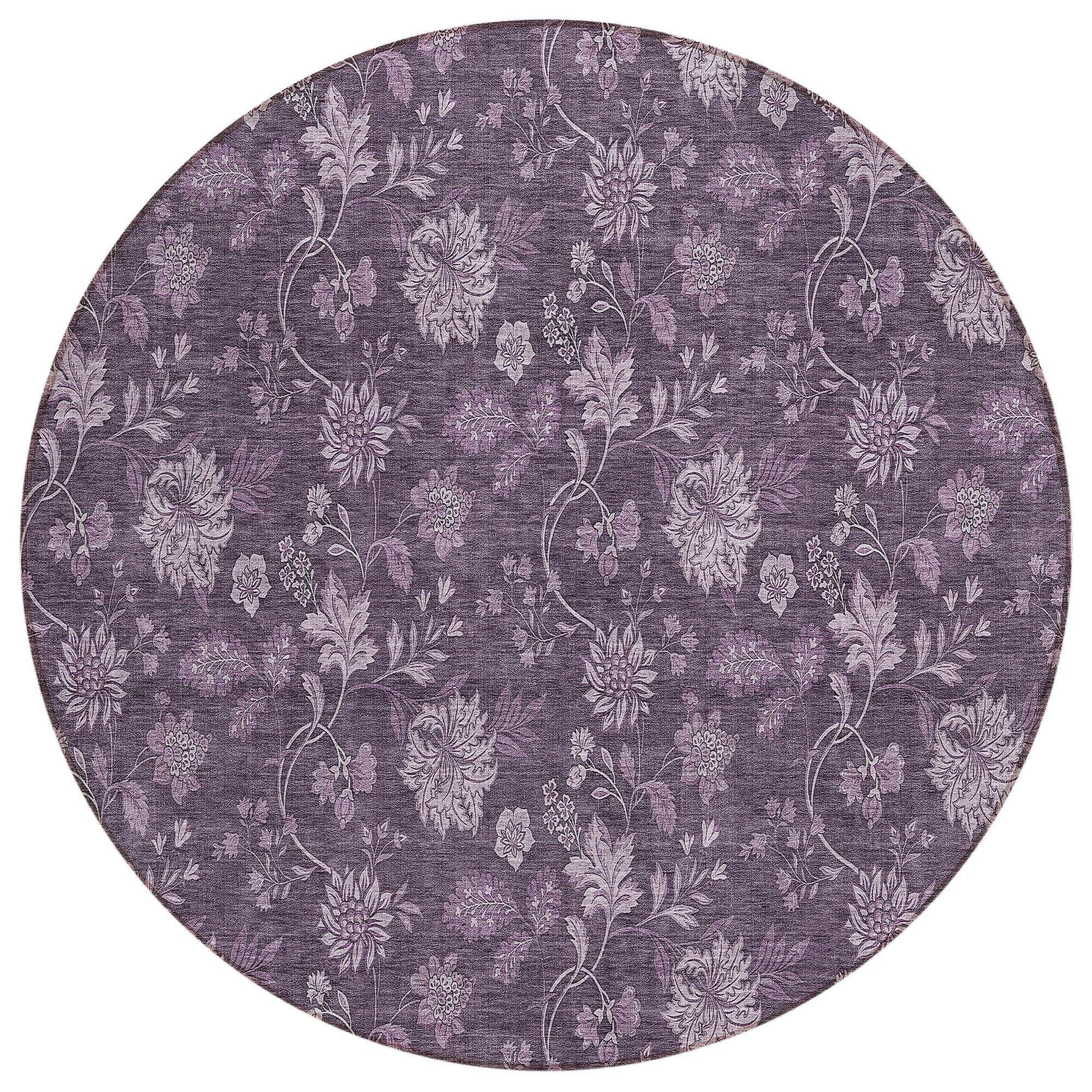 Machine Washable Plum Purple Rug - Indoor / Outdoor - Kids / Pet Friendly Floral Print Rug