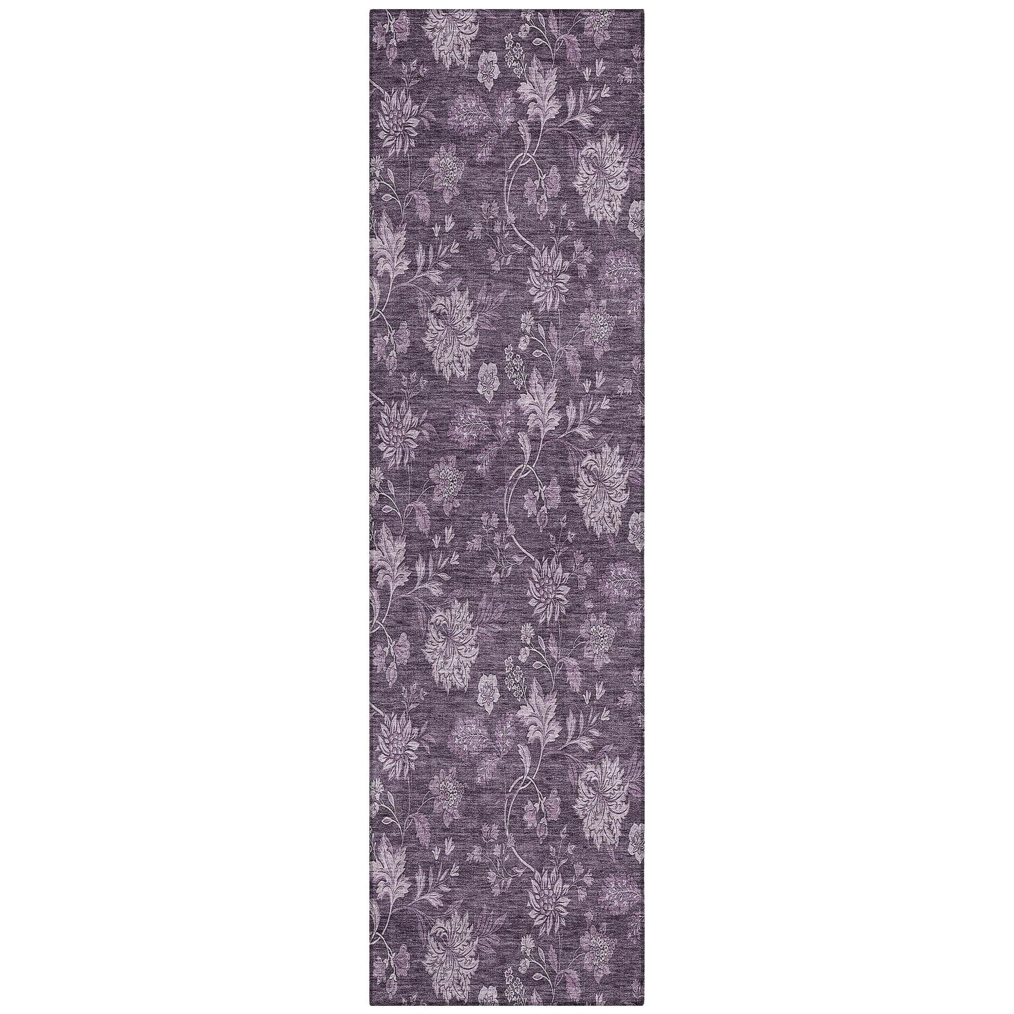 Machine Washable Plum Purple Rug - Indoor / Outdoor - Kids / Pet Friendly Floral Print Rug