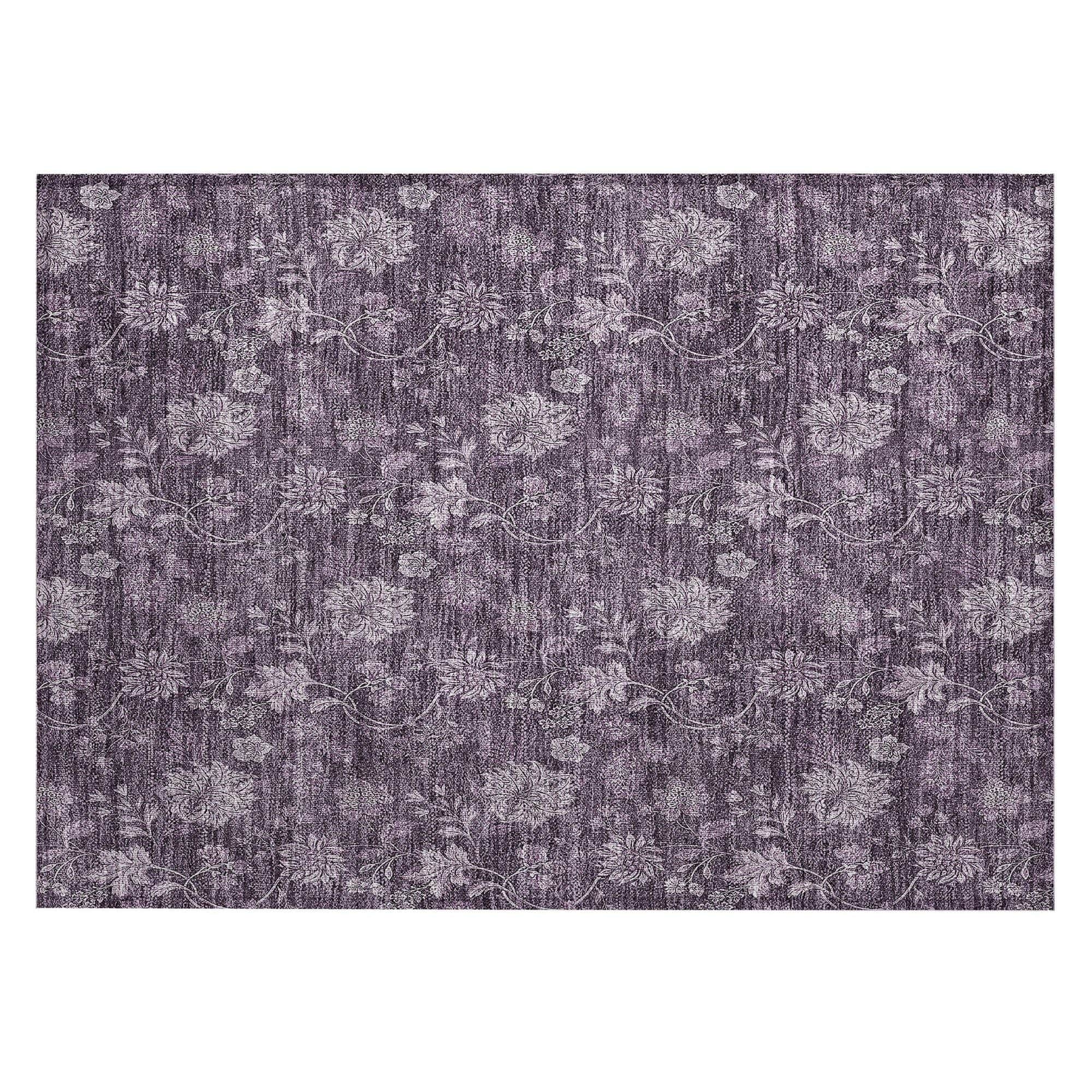 Machine Washable Plum Purple Rug - Indoor / Outdoor - Kids / Pet Friendly Floral Print Rug