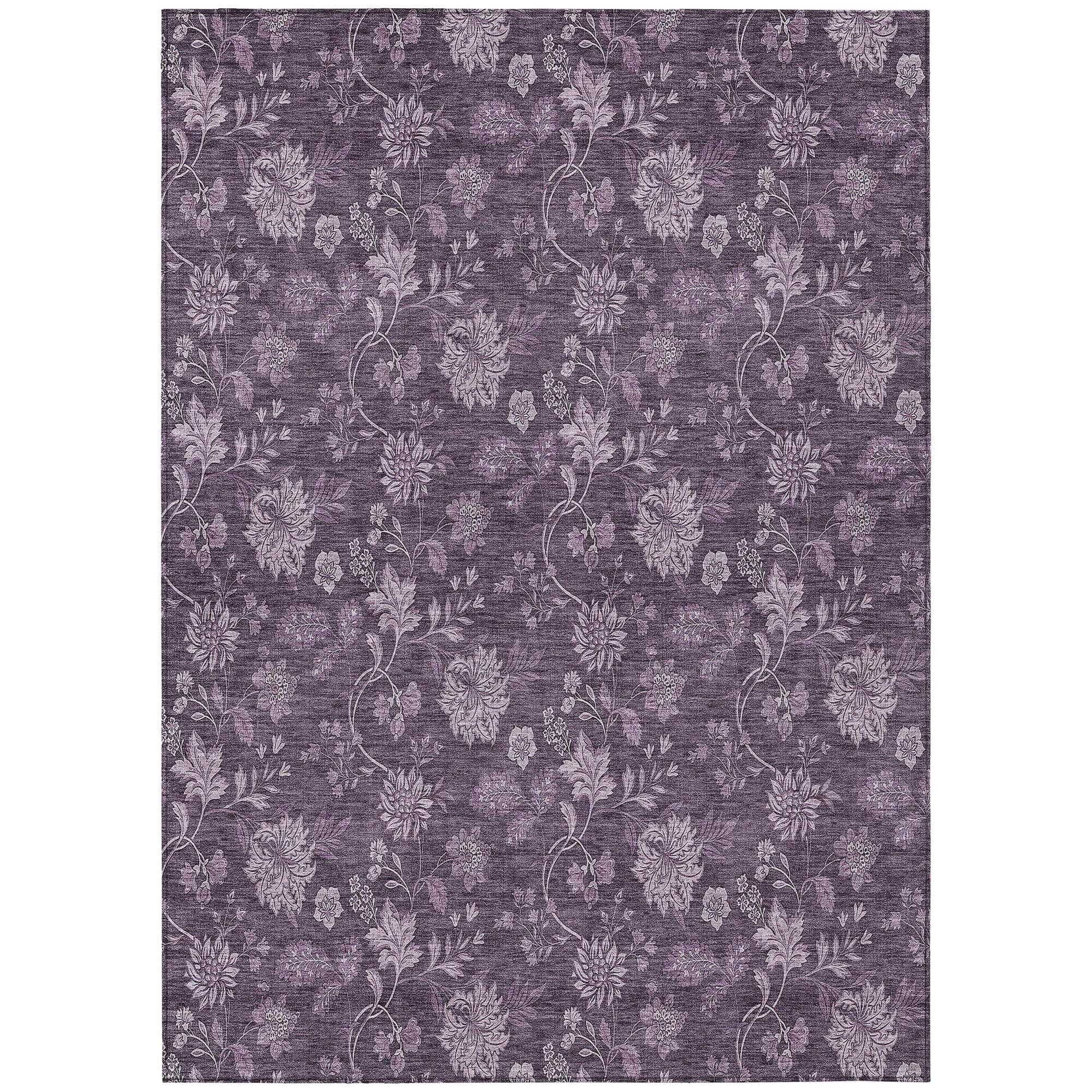 Machine Washable Plum Purple Rug - Indoor / Outdoor - Kids / Pet Friendly Floral Print Rug