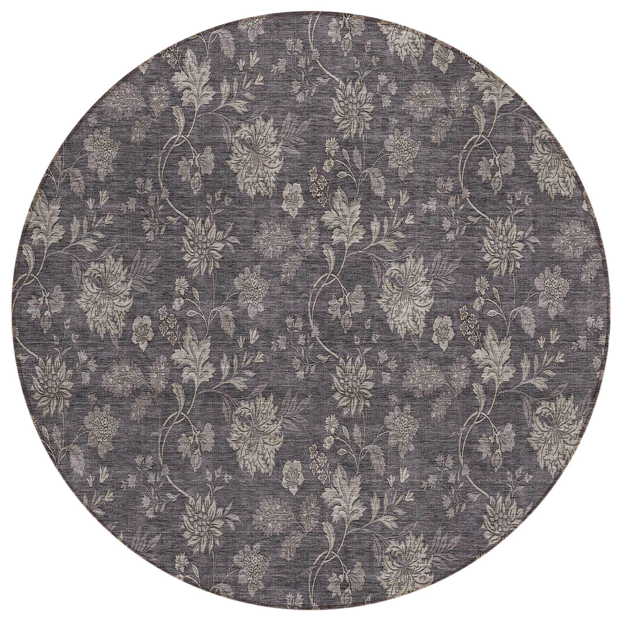 Machine Washable Taupe Brown Rug - Indoor / Outdoor - Kids / Pet Friendly Floral Print Rug