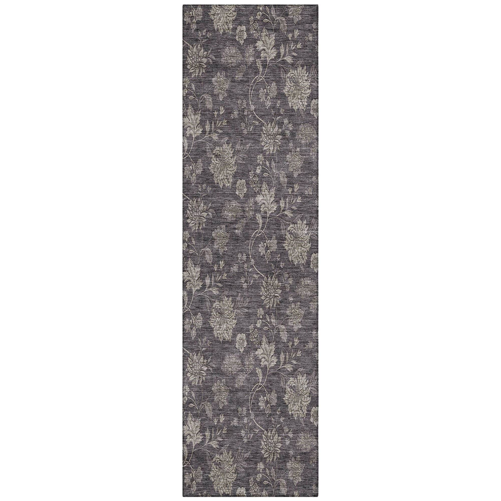 Machine Washable Taupe Brown Rug - Indoor / Outdoor - Kids / Pet Friendly Floral Print Rug