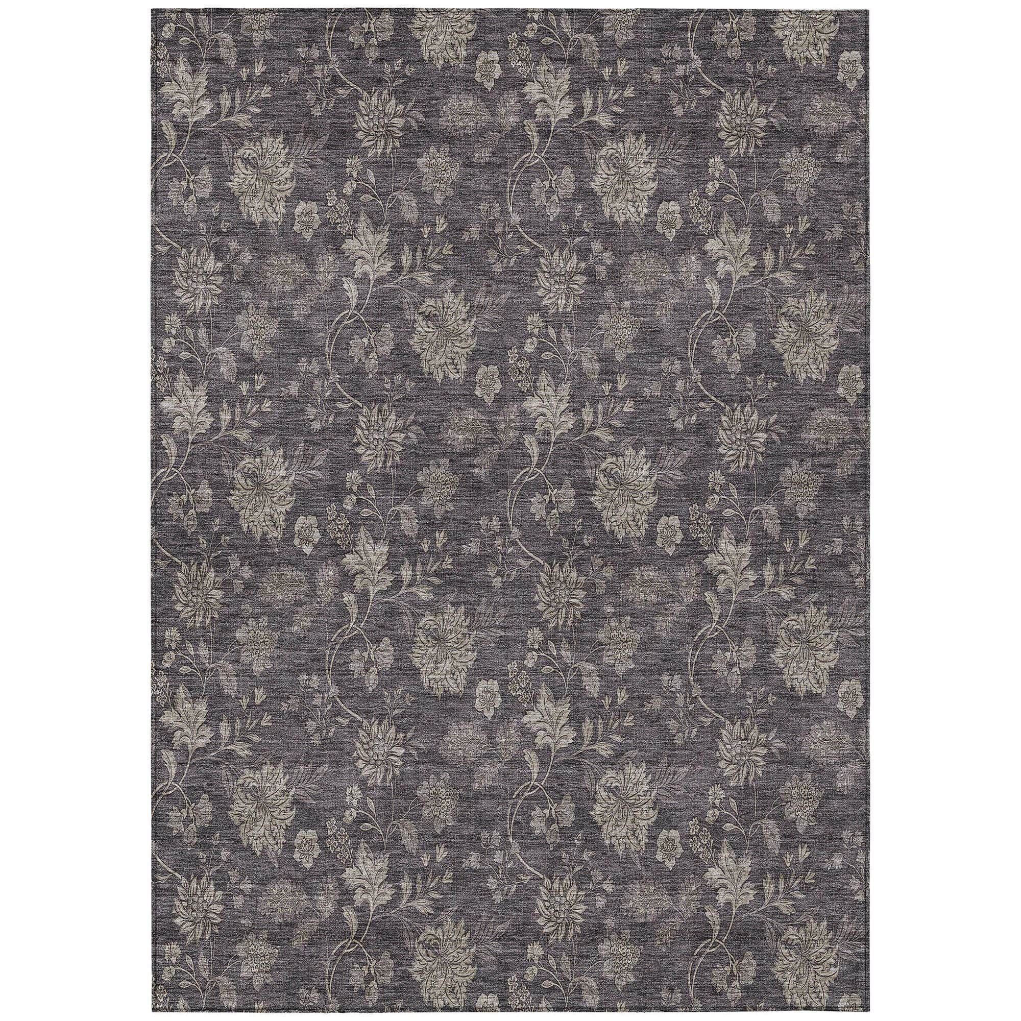 Machine Washable Taupe Brown Rug - Indoor / Outdoor - Kids / Pet Friendly Floral Print Rug