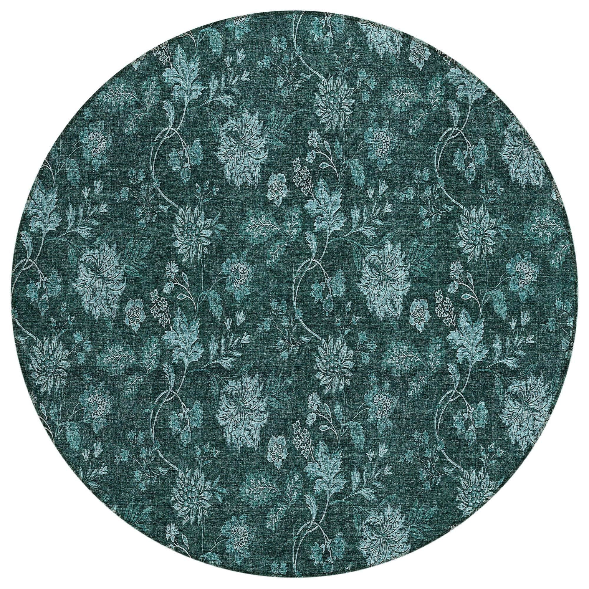 Machine Washable Teal Rug - Indoor / Outdoor - Kids / Pet Friendly Floral Print Rug